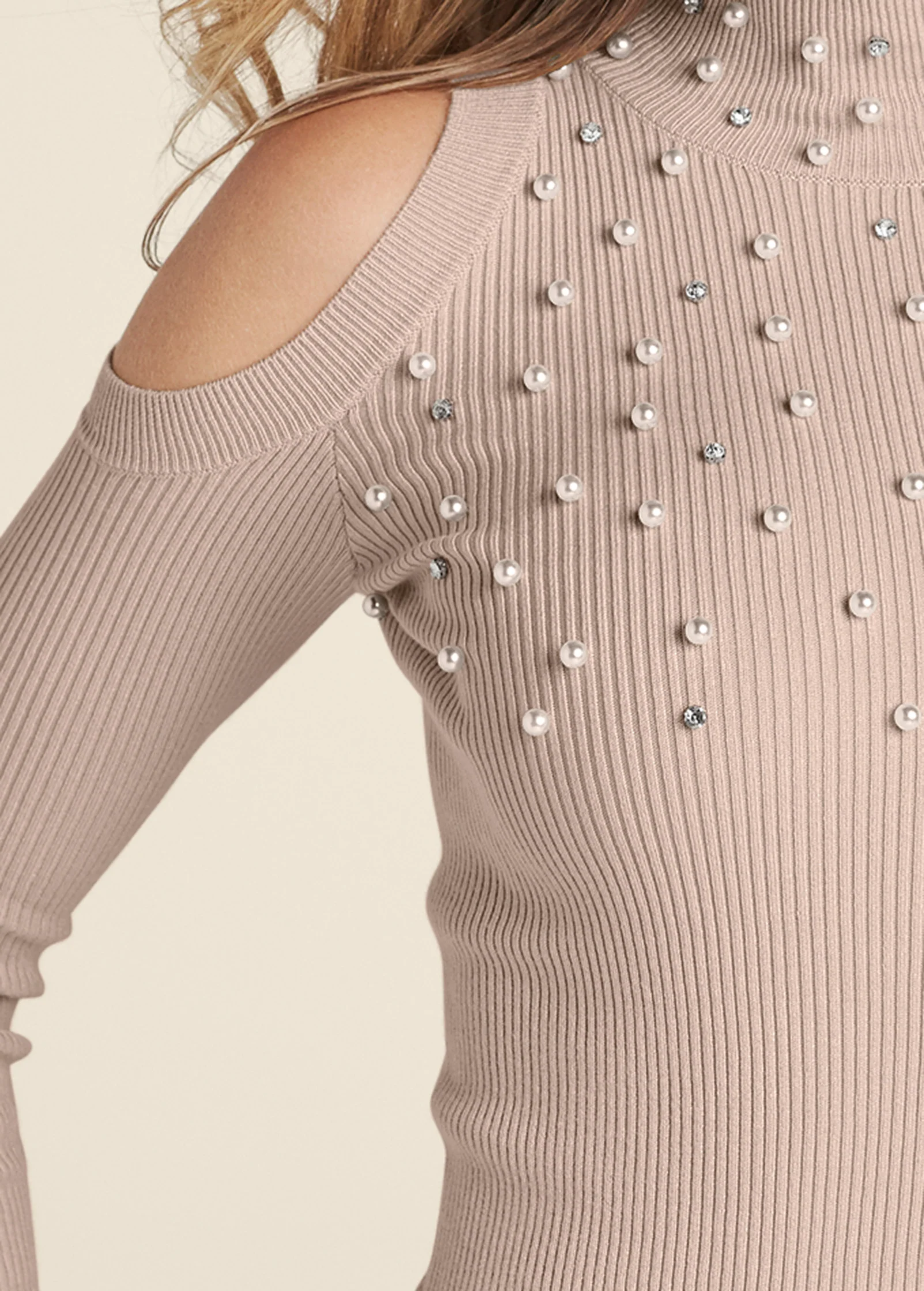 Pearl and stone embellished sweater - Taupe