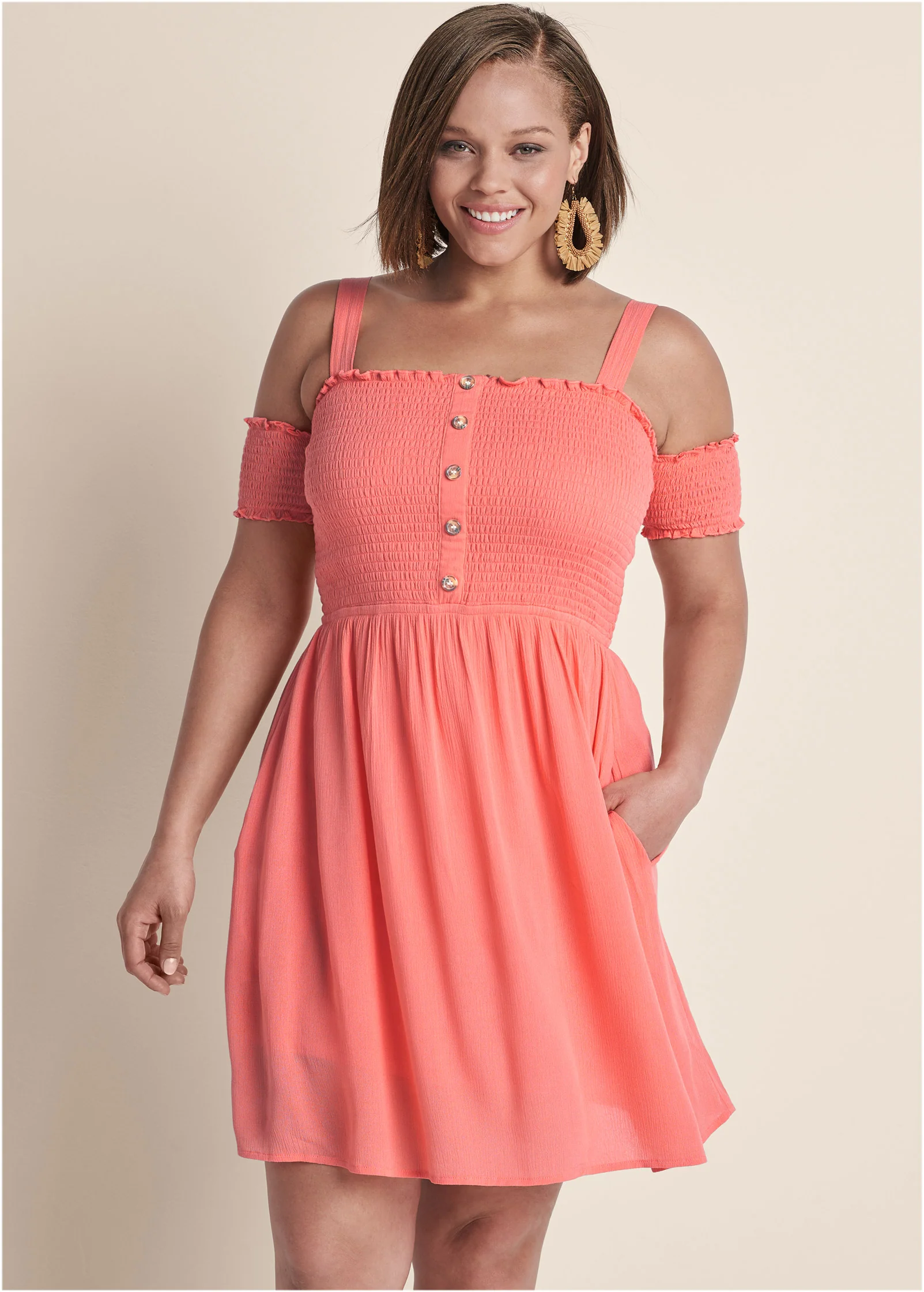 Smocked A-line mini dress - Coral