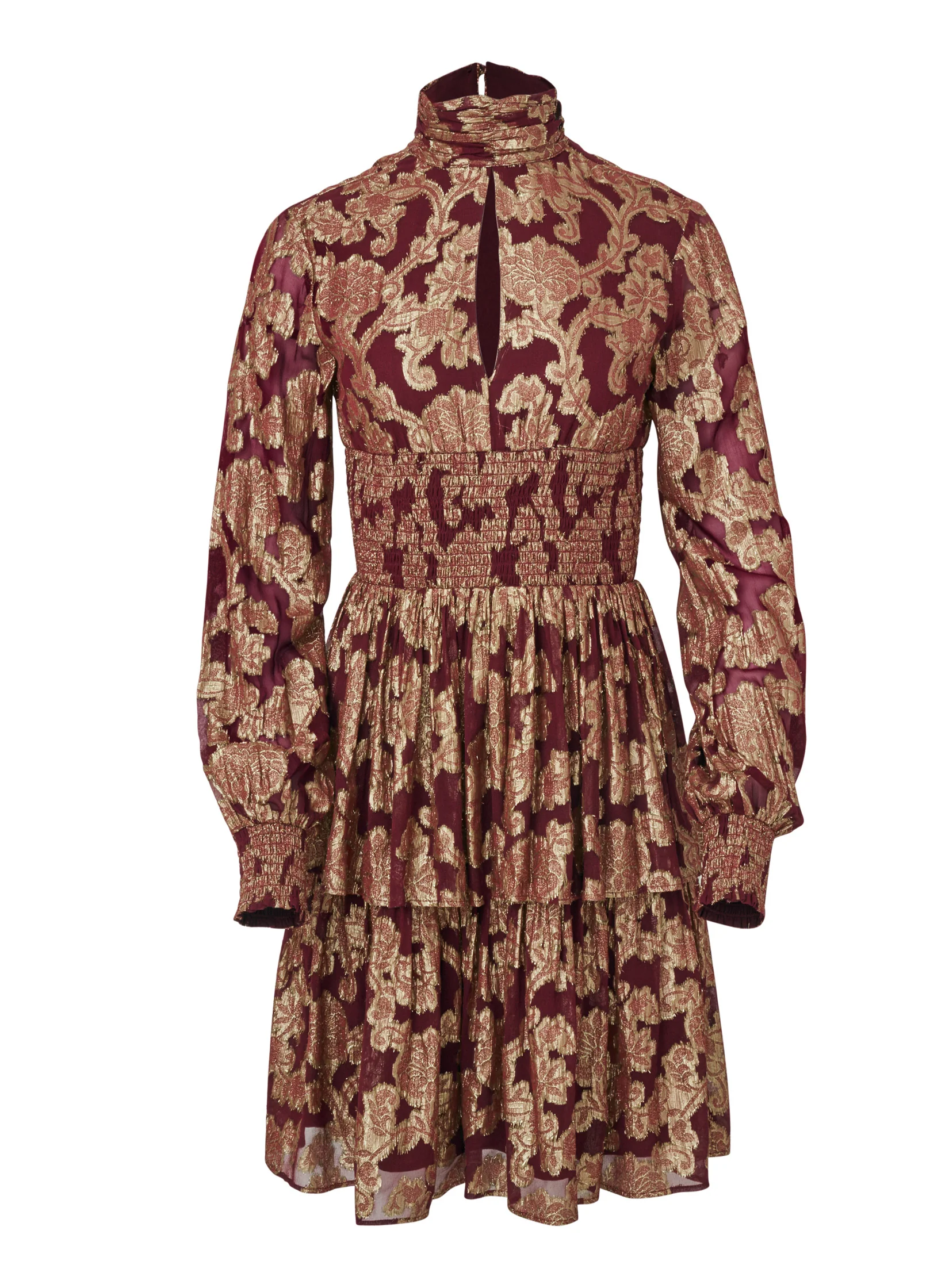 Smocked waist jaquard mini dress - Wine & Gold