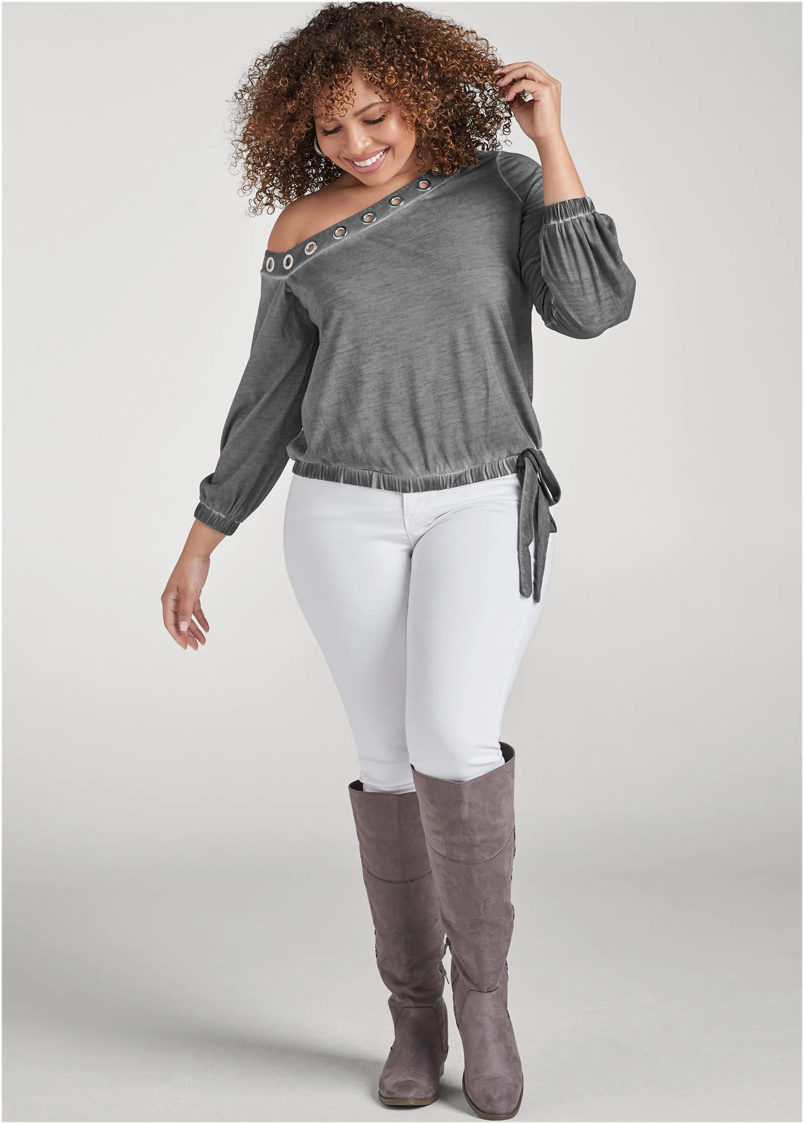 One-shoulder grommet top - Grey