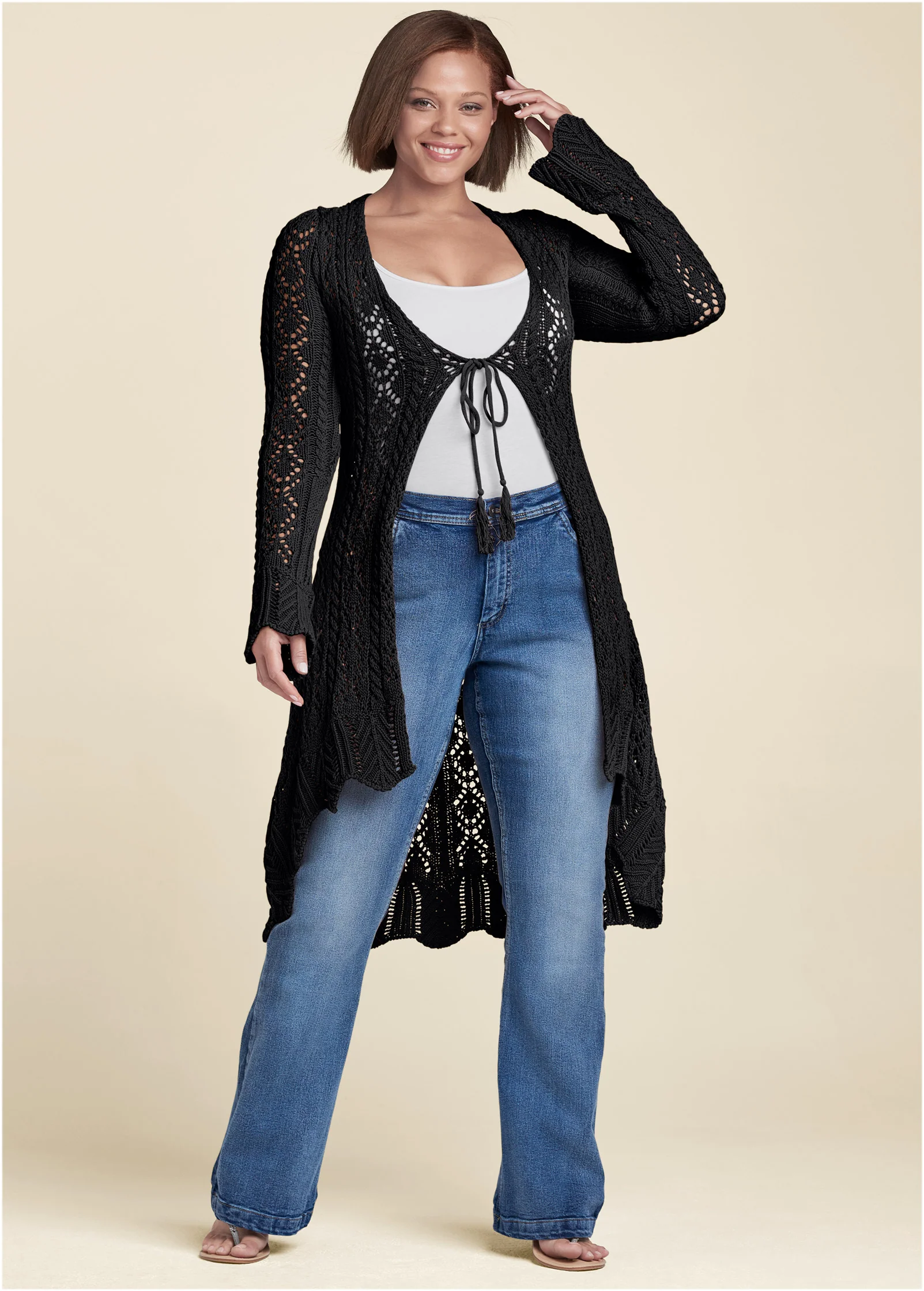 Long tie front crochet cardigan - Black