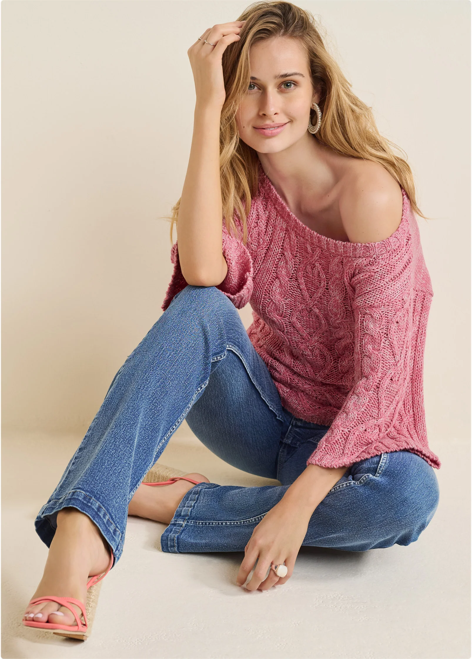 Cable knit boatneck sweater - Pink