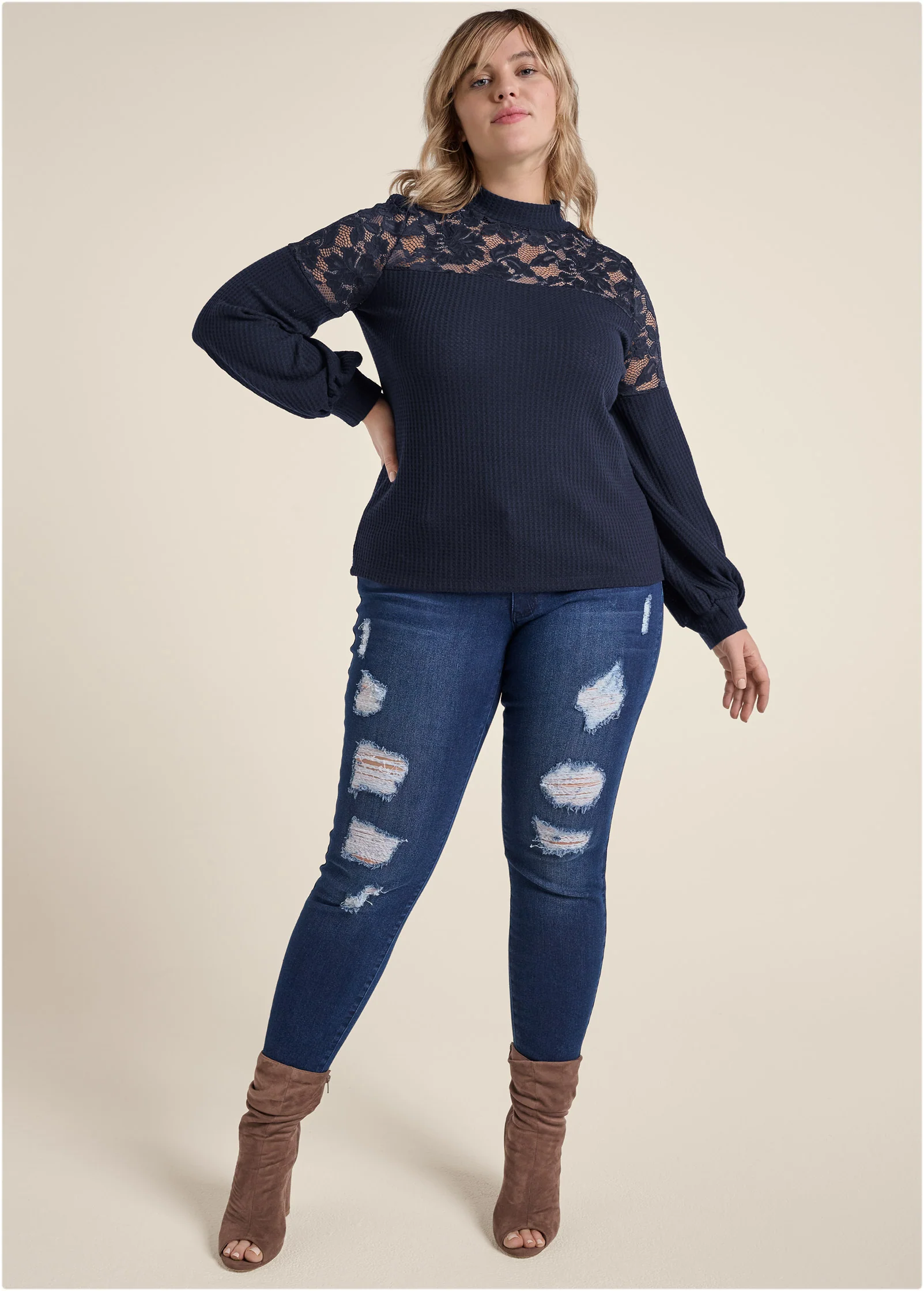 Waffle mock-neck lace top - Navy