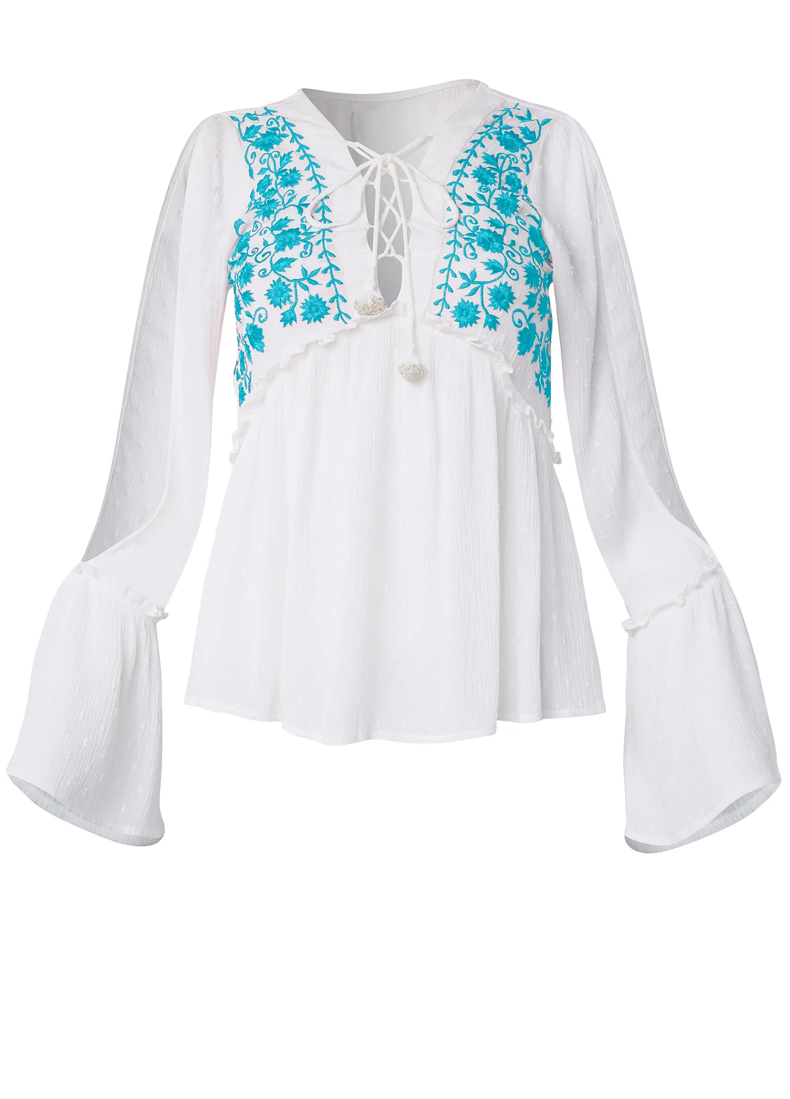 Embroidered swiss dot top - White & Turquoise