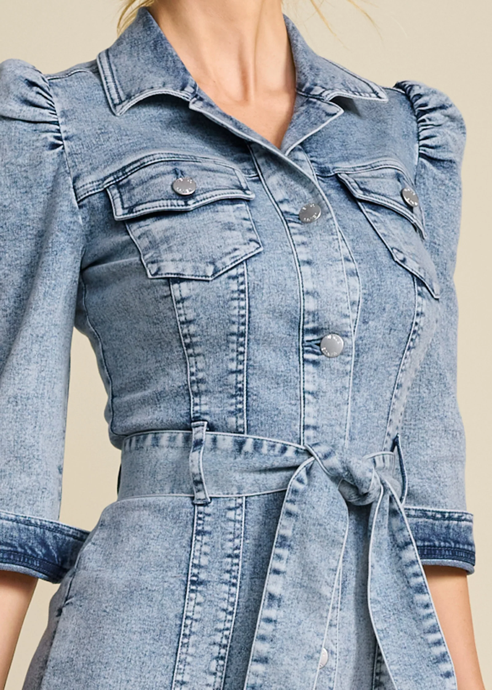 Tie-waist denim midi dress - Acid Wash