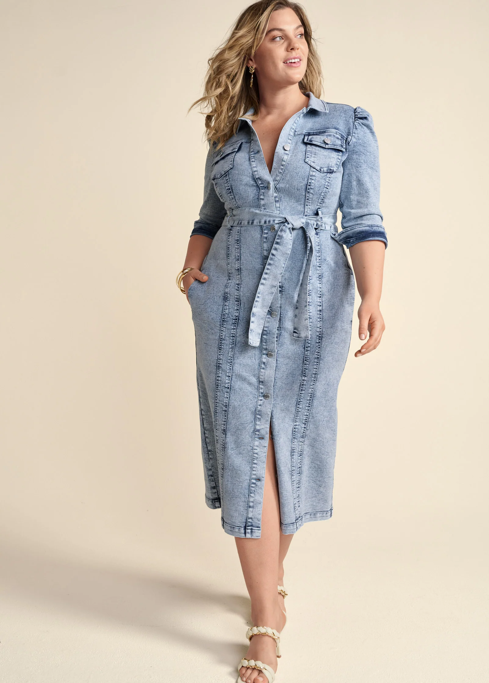 Tie-waist denim midi dress - Acid Wash