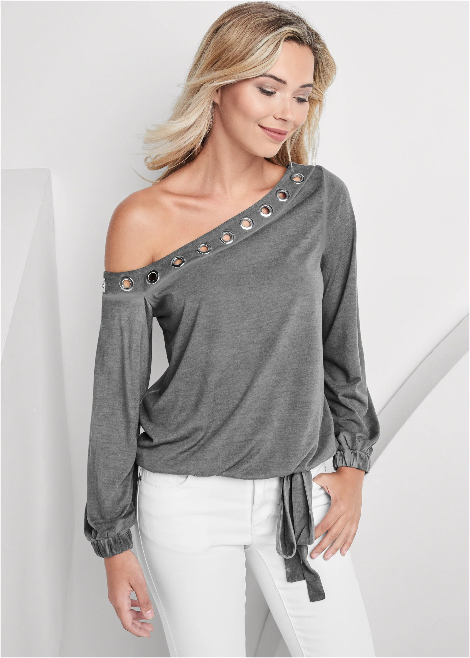 One-shoulder grommet top - Grey