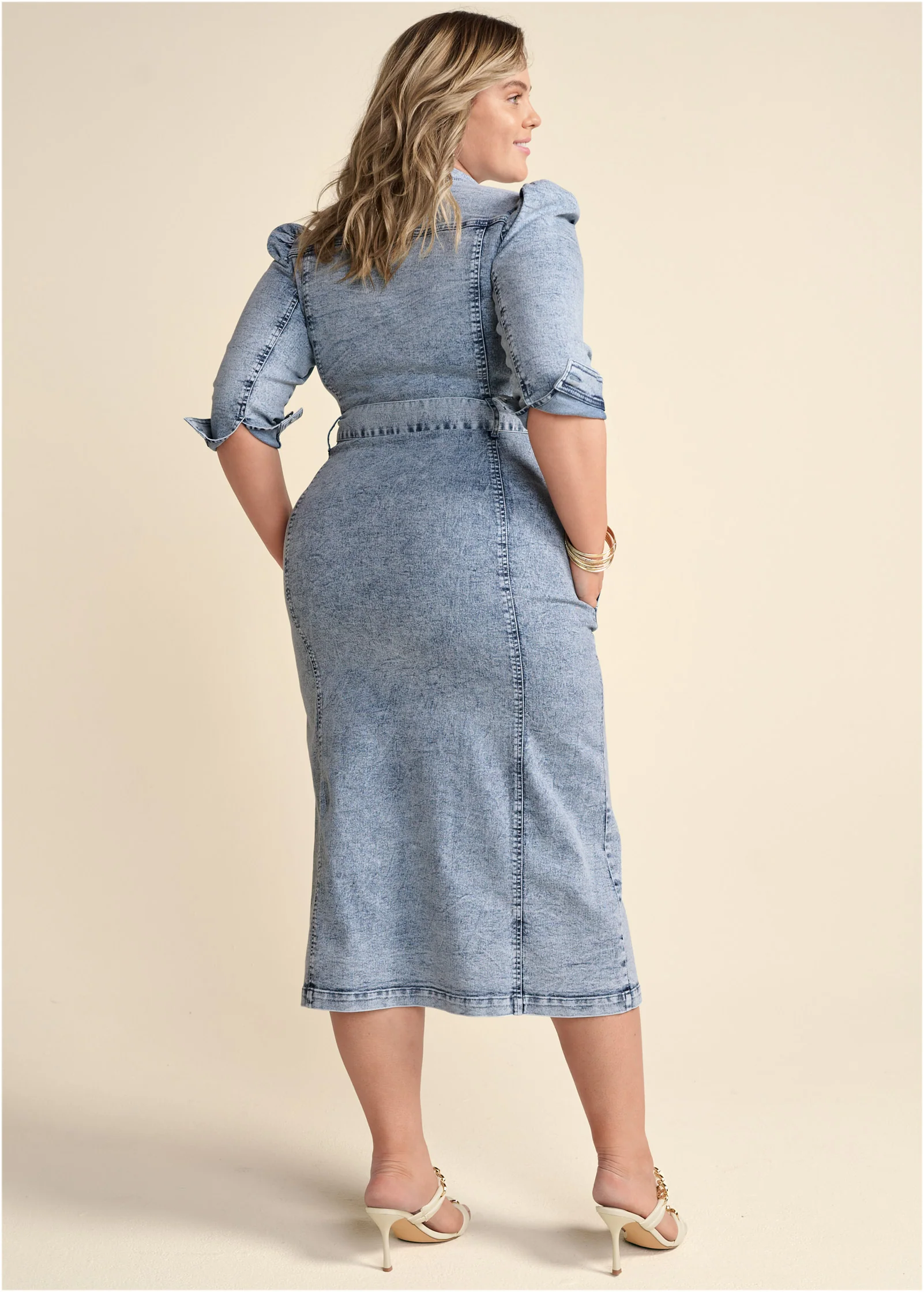 Tie-waist denim midi dress - Acid Wash