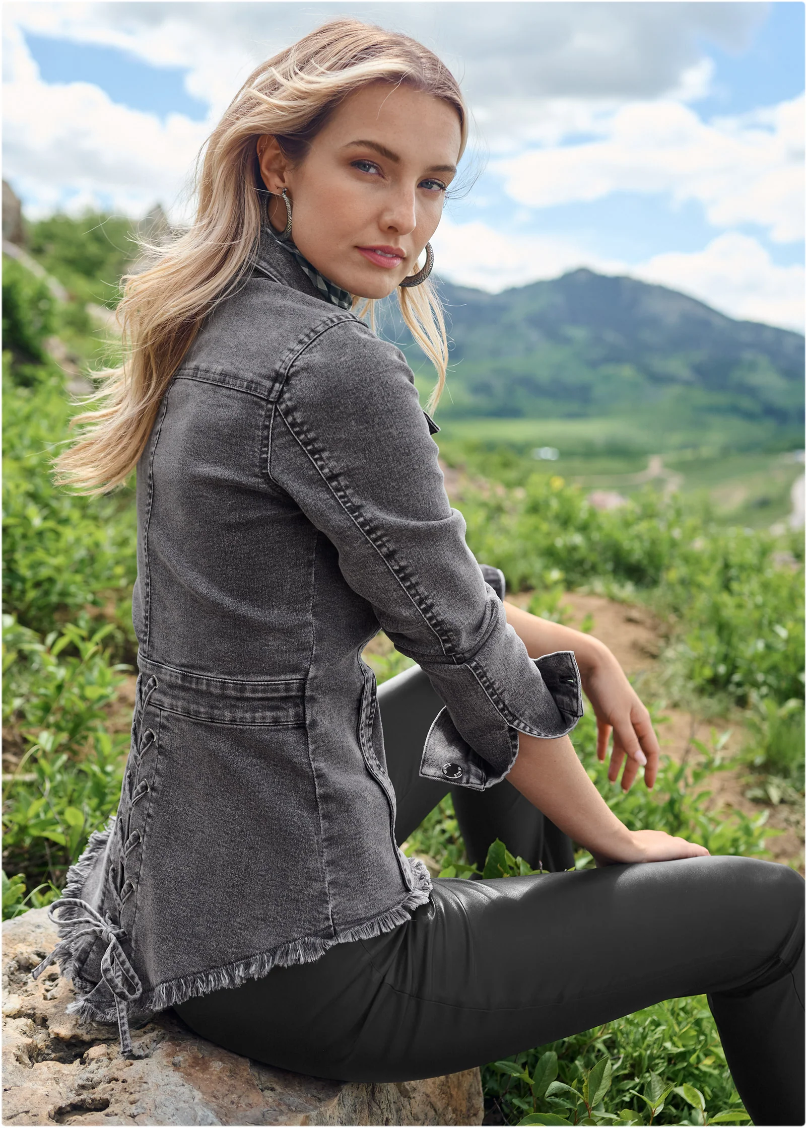 Lace-up back denim top - Grey Multi