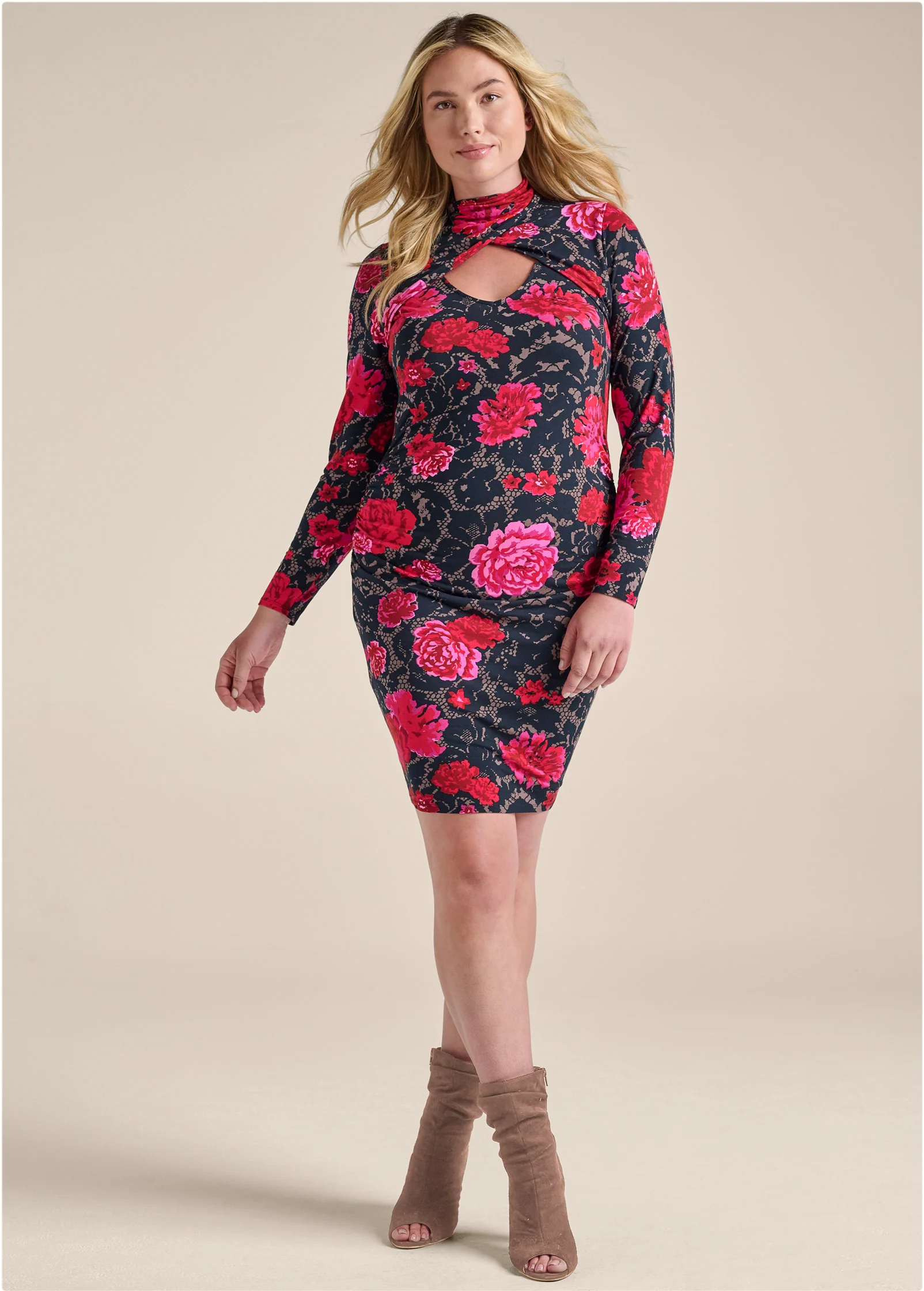 Mock-neck casual dress  - Black Multi