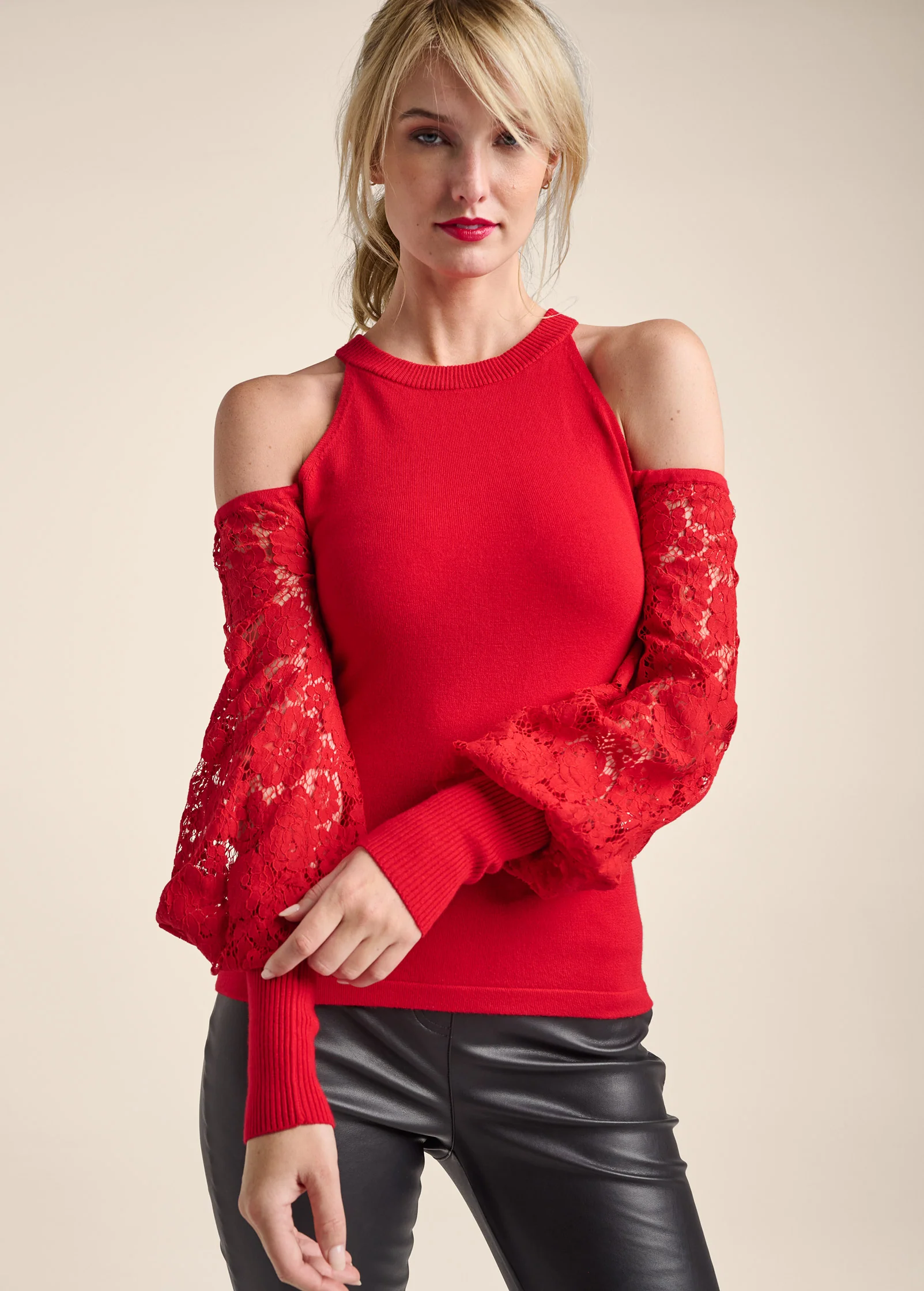 Cold-shoulder lace sweater - Red