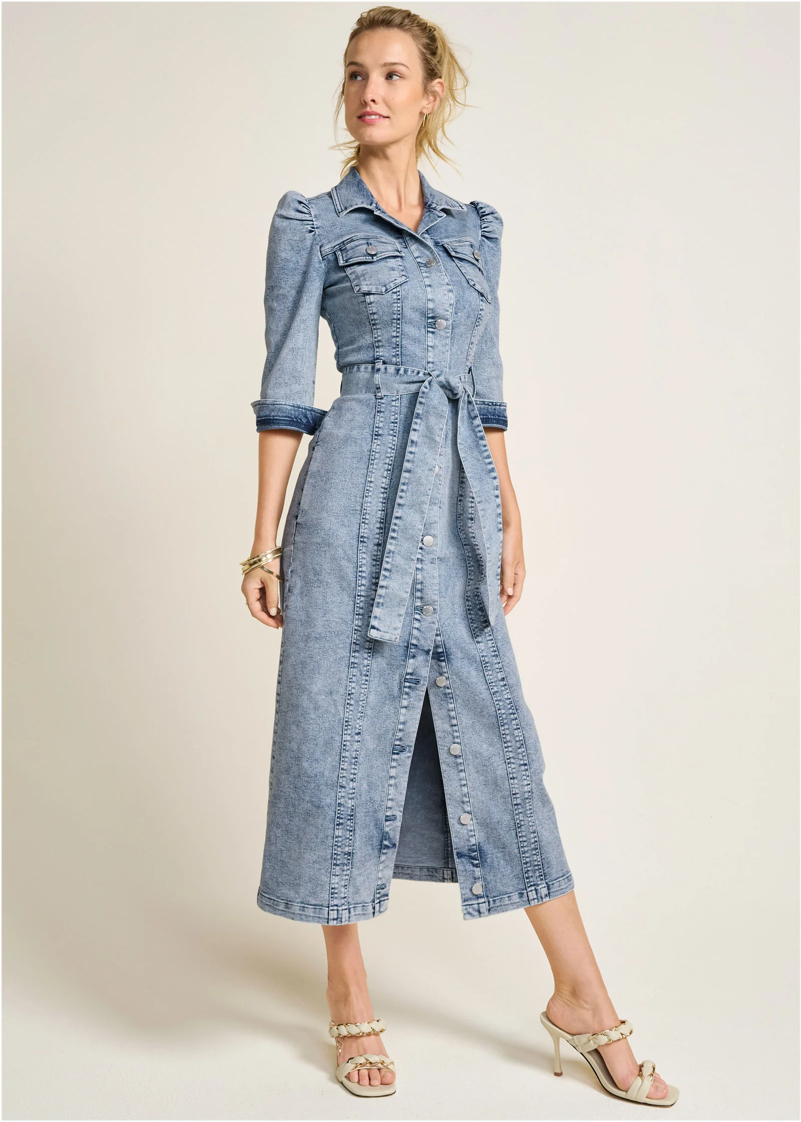 Tie-waist denim midi dress - Acid Wash