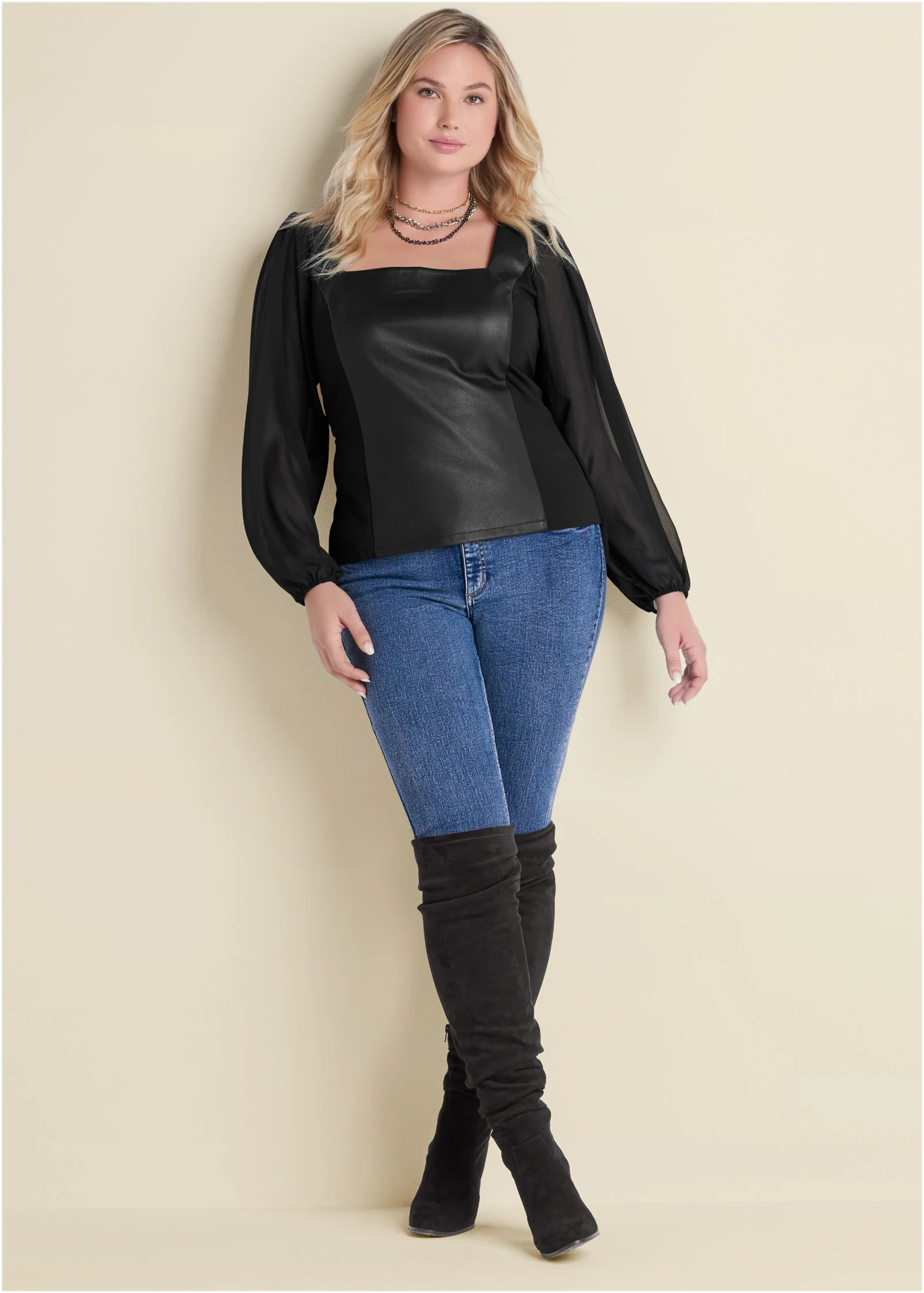 Faux leather mesh sleeve top - Black