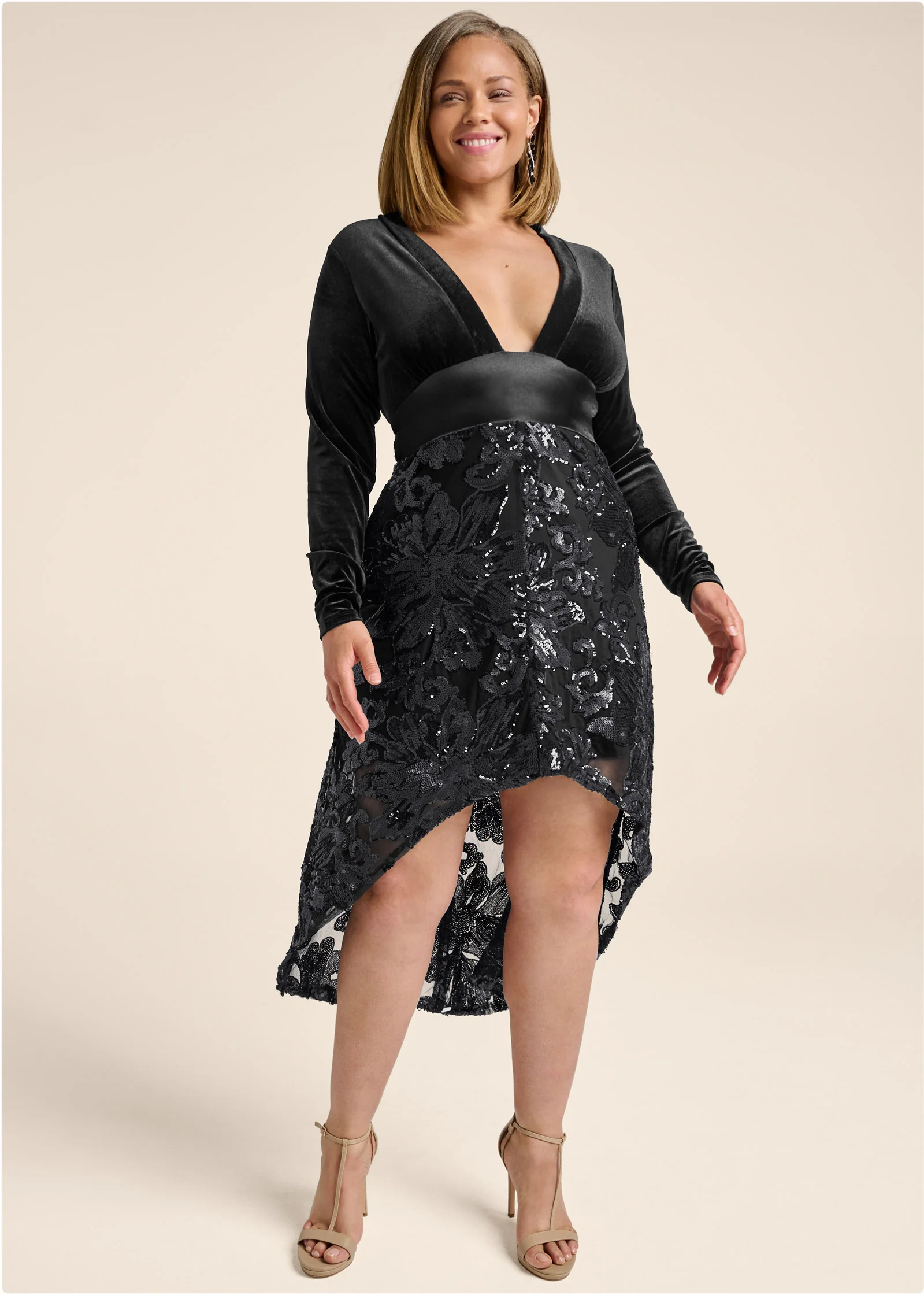 Sequin lace high-low dress - Black