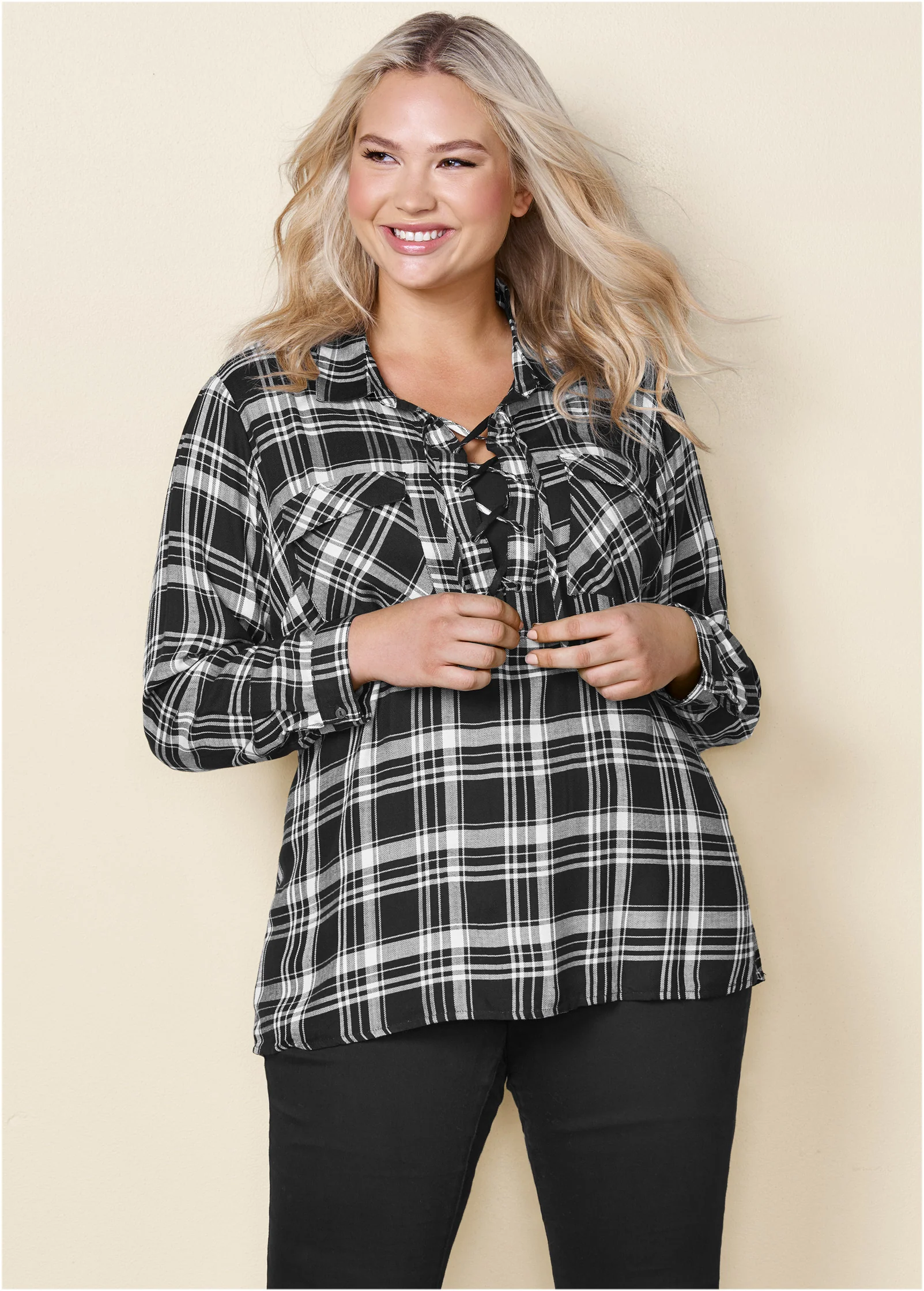 Plaid lace-up top - Black Multi