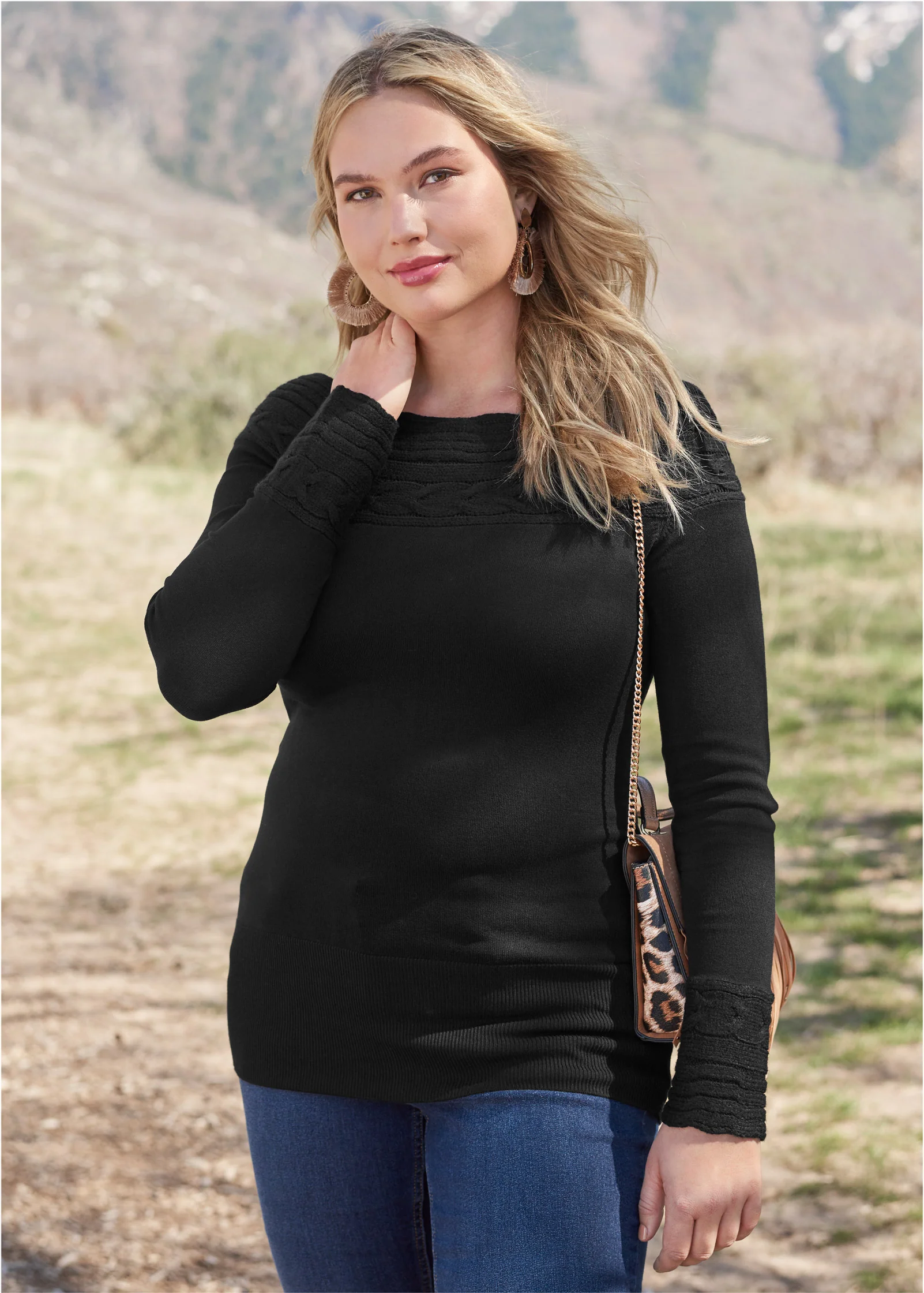 Cable detail tunic sweater - Black