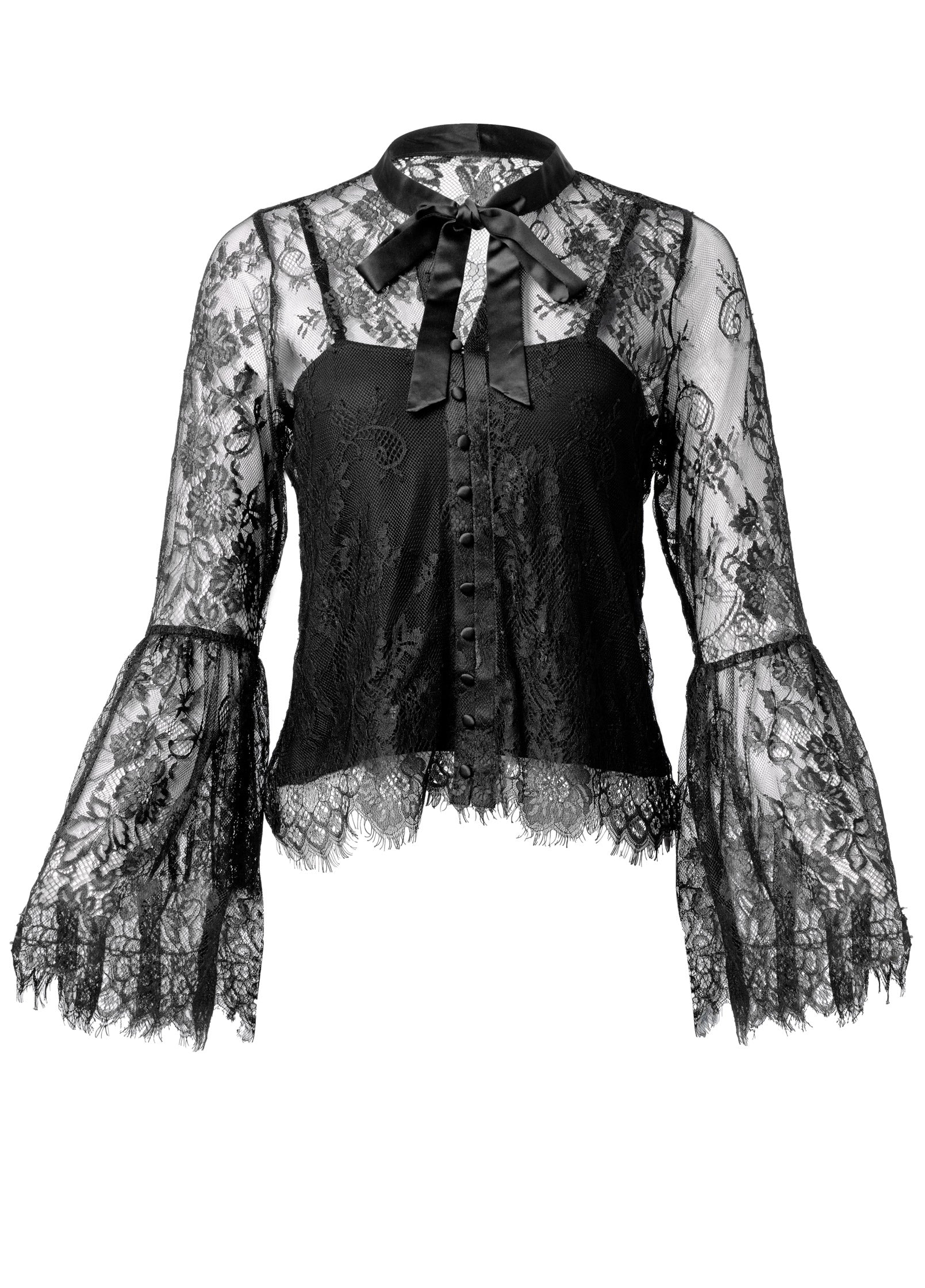 Tie-neck lace blouse - Black