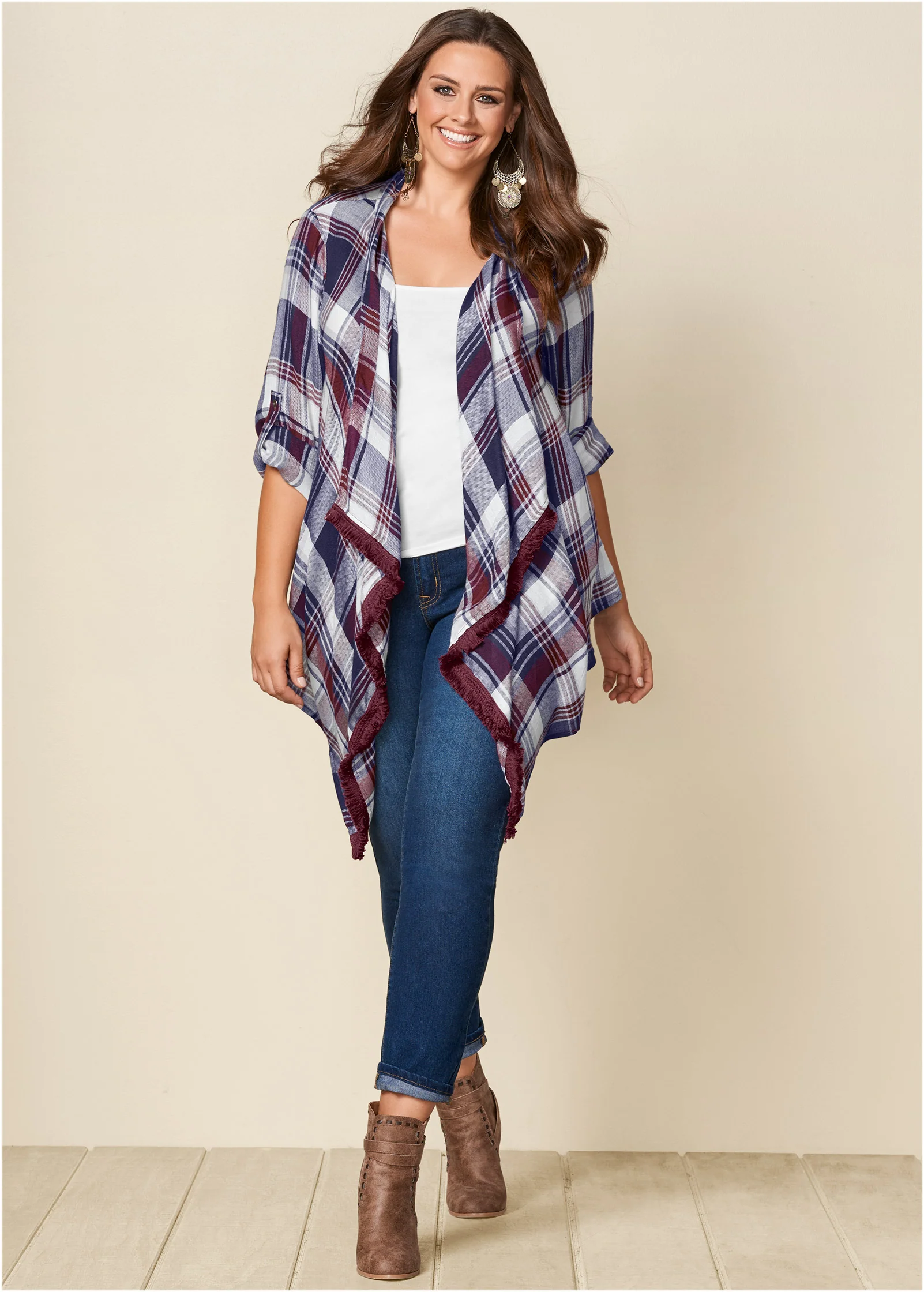 Plaid and fringe cardigan - Navy Multi