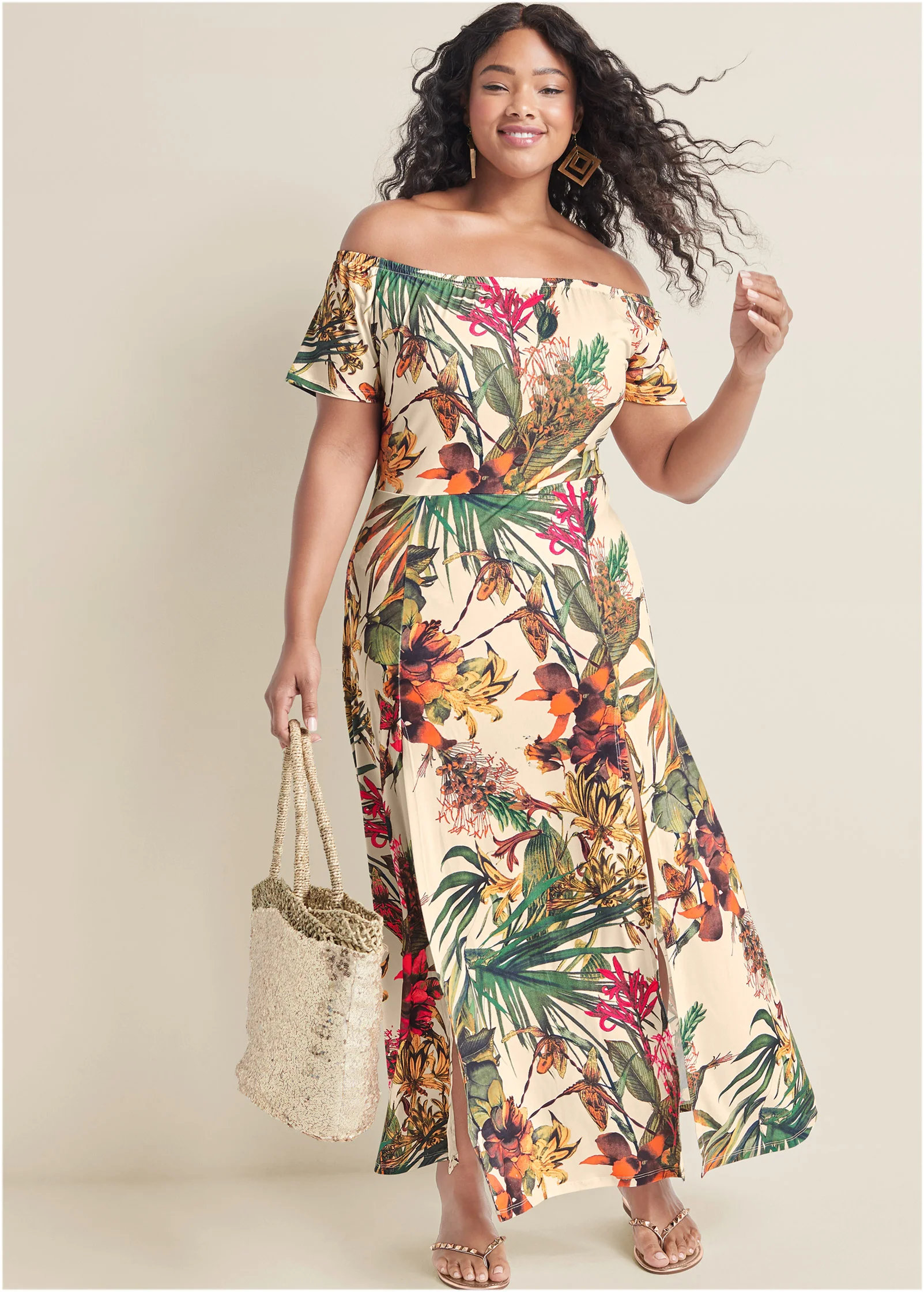 Off-the-shoulder maxi dress - White Multi