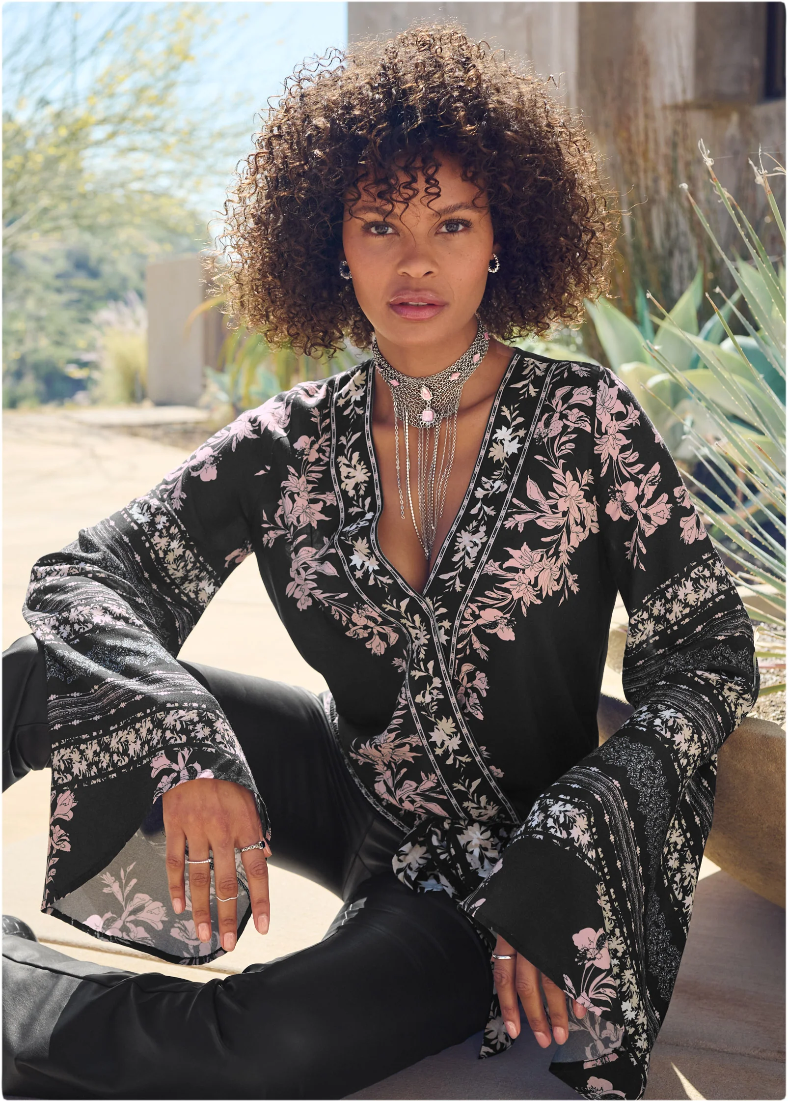 Bell sleeve print wrap top - Black Multi