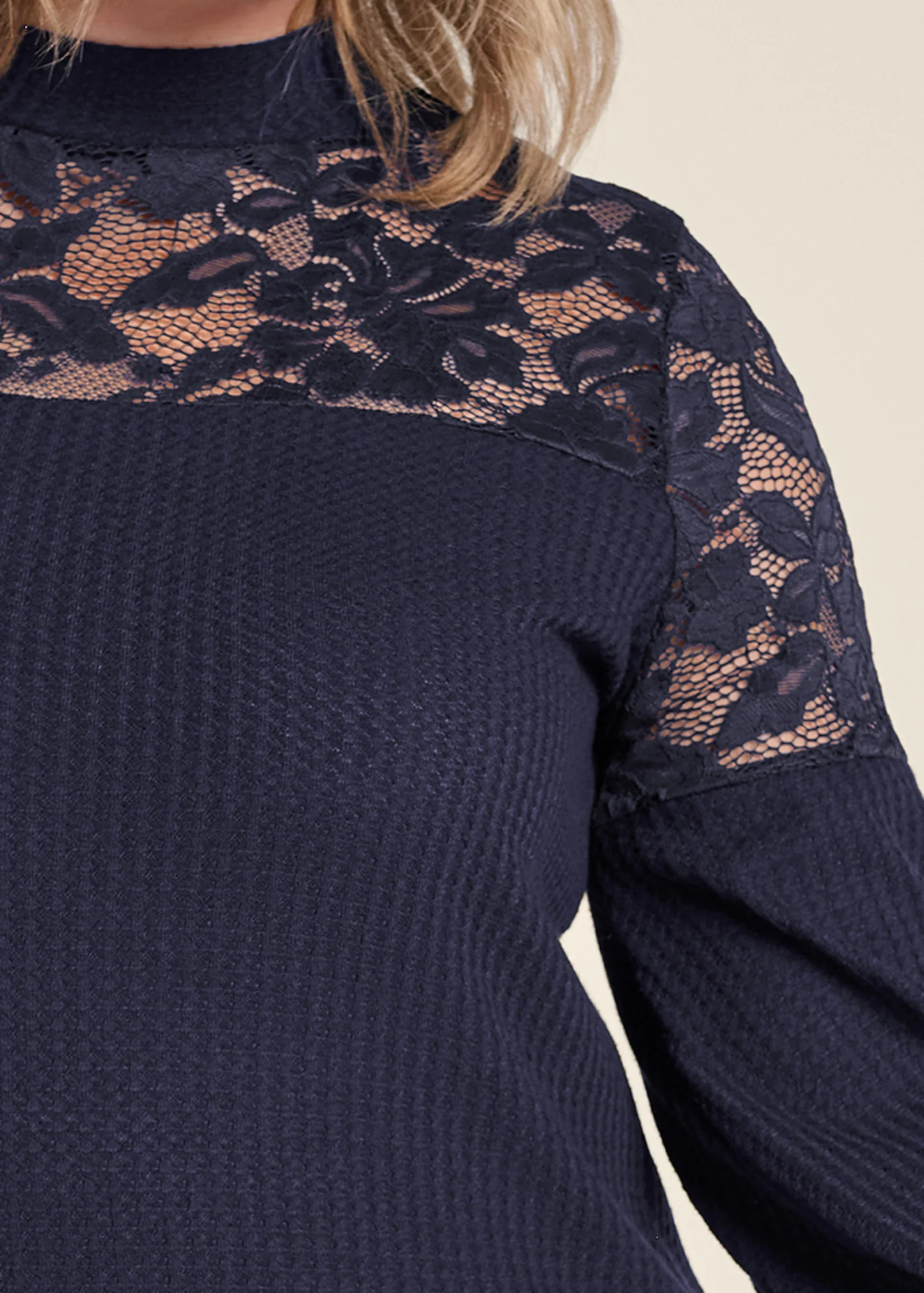 Waffle mock-neck lace top - Navy