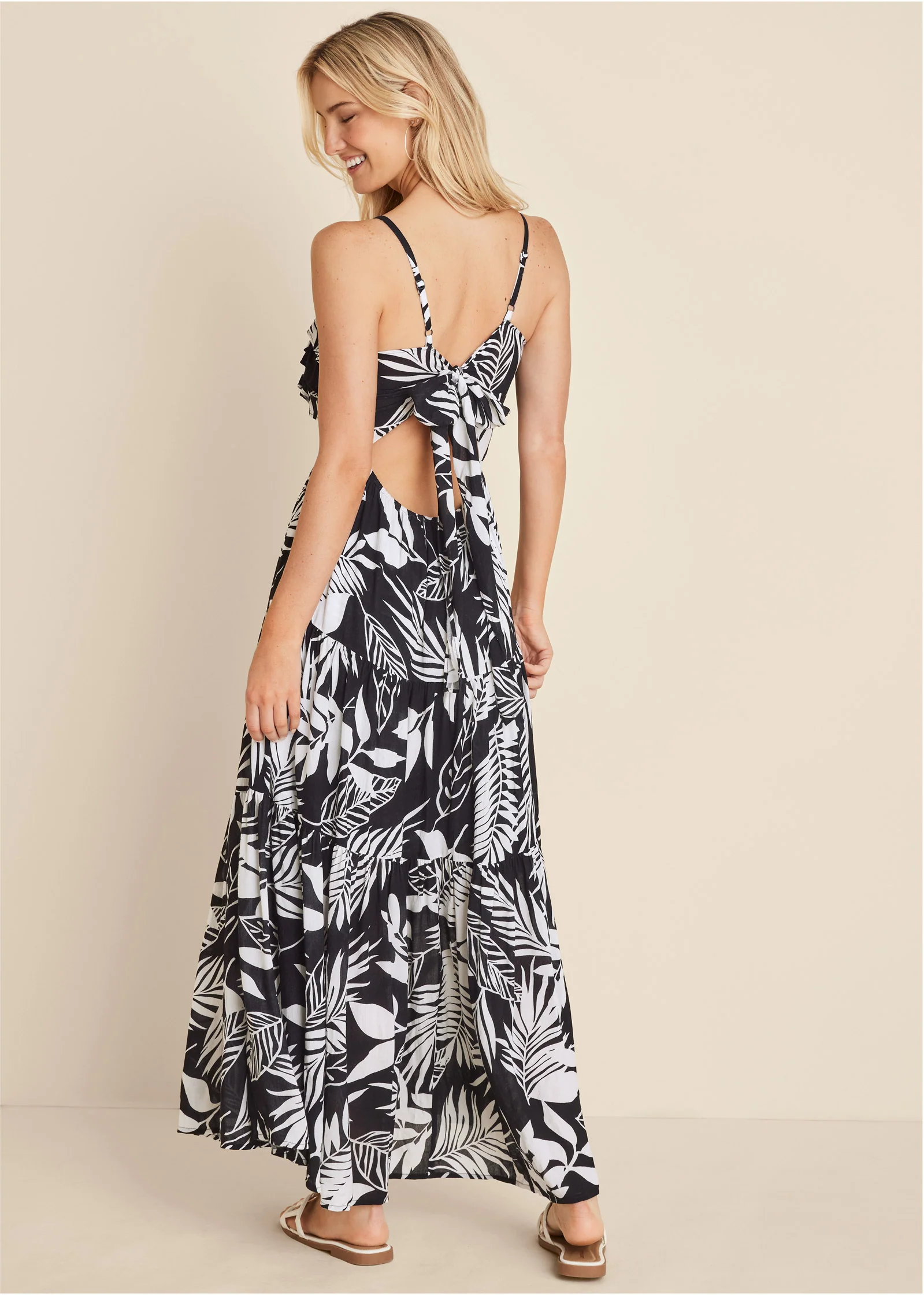 Ruffle tie-back maxi dress - Black & White