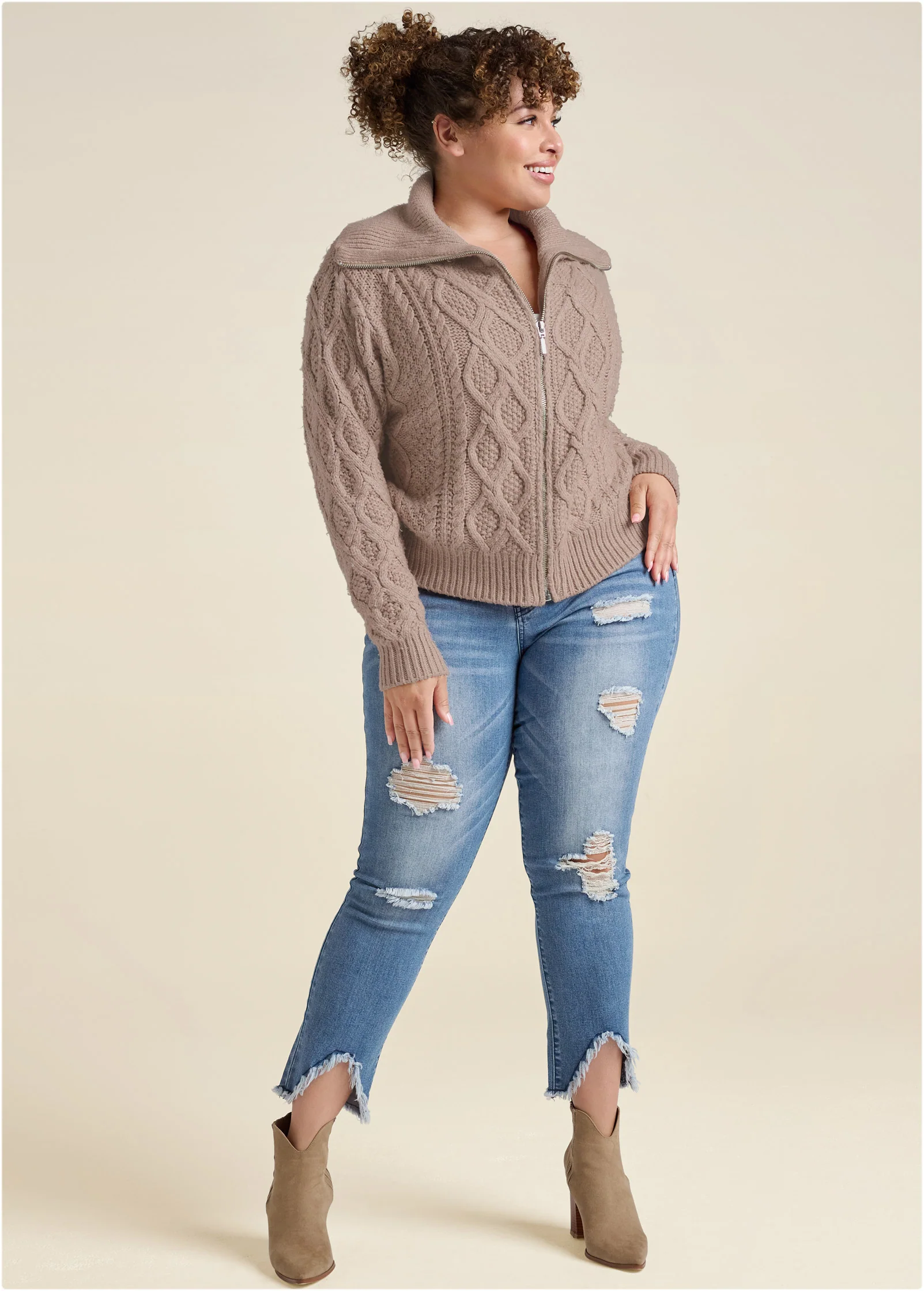 Knit zip sweater - Taupe