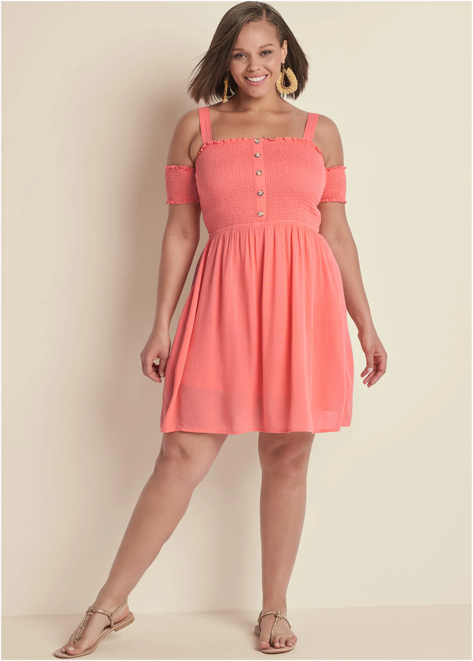 Smocked A-line mini dress - Coral