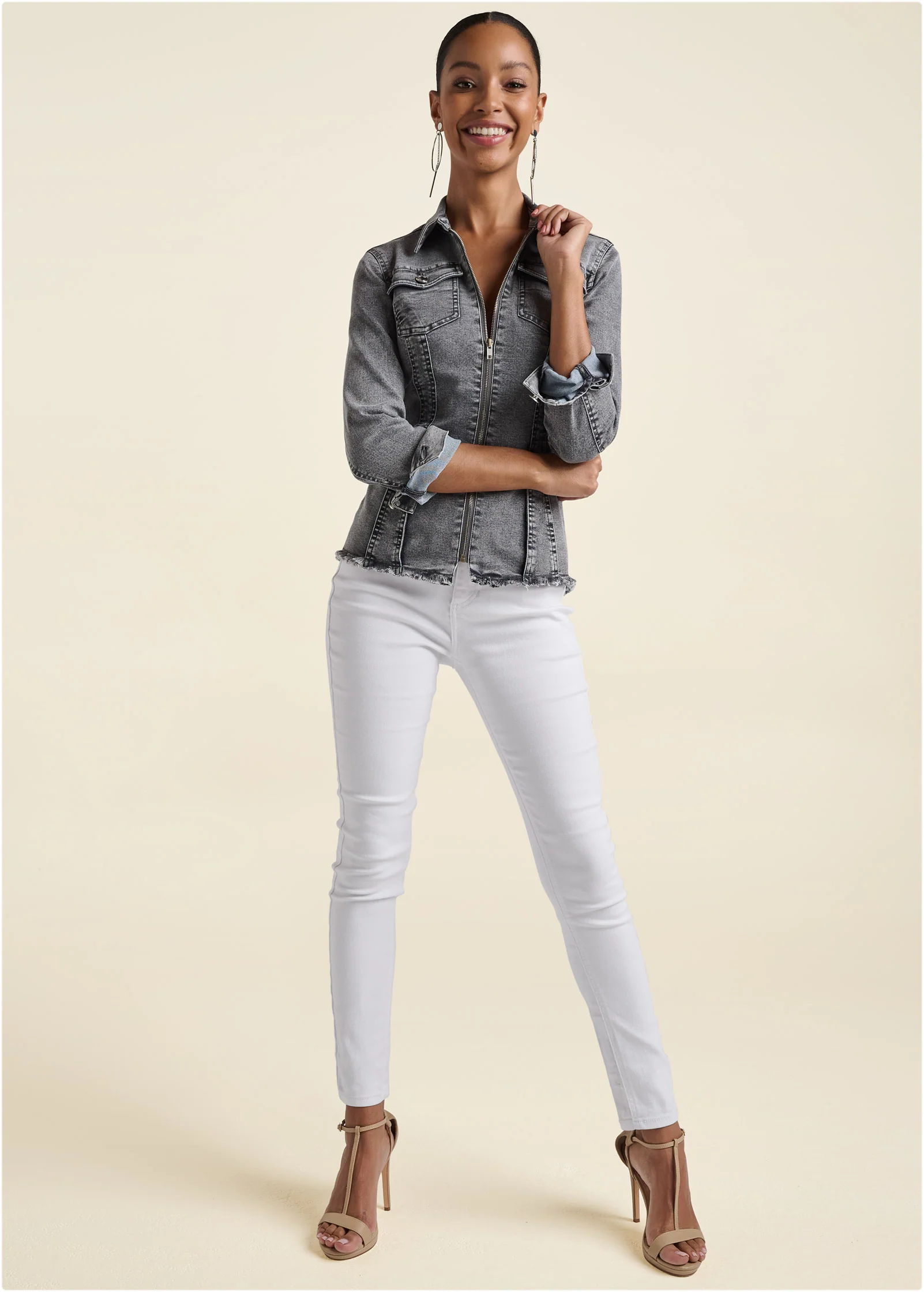 Lace-up back denim top - Grey Multi