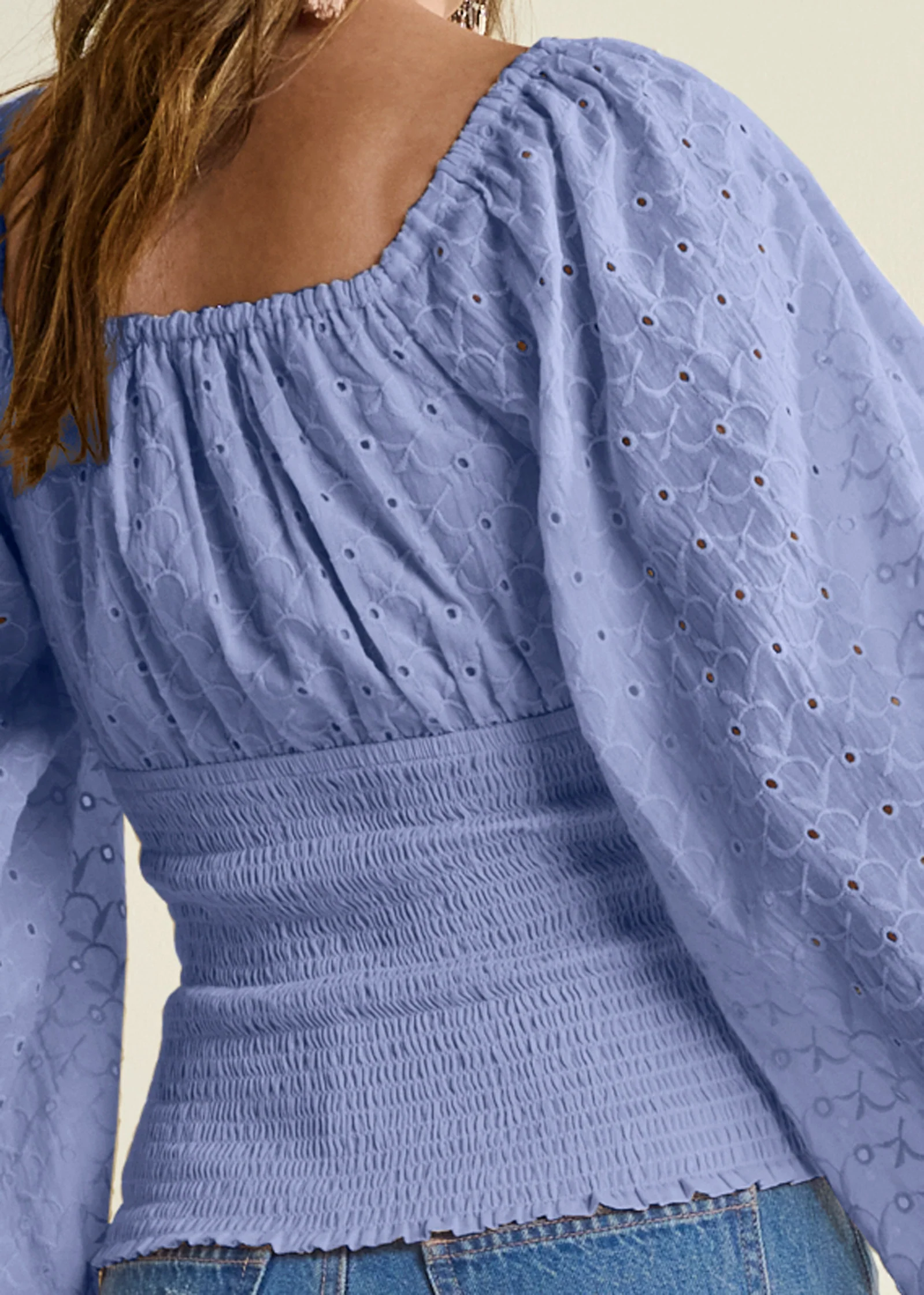 Smocked eyelet tassel top - Light Blue