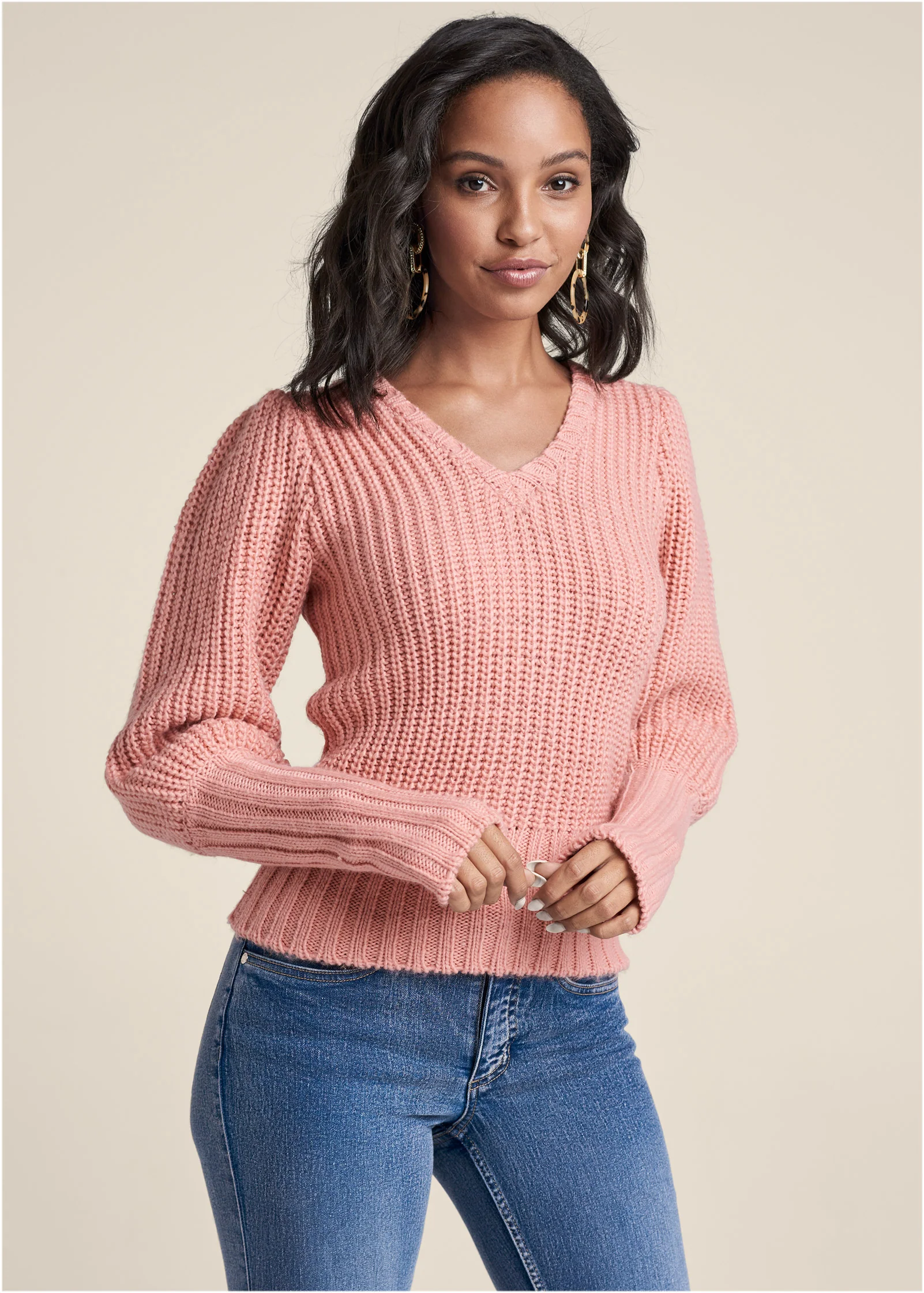 Puff sleeve ribbed v neck sweater - Dusty Pink