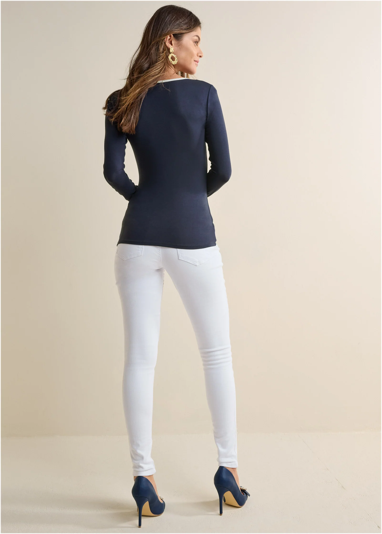 Ruched long sleeve top - Navy & White
