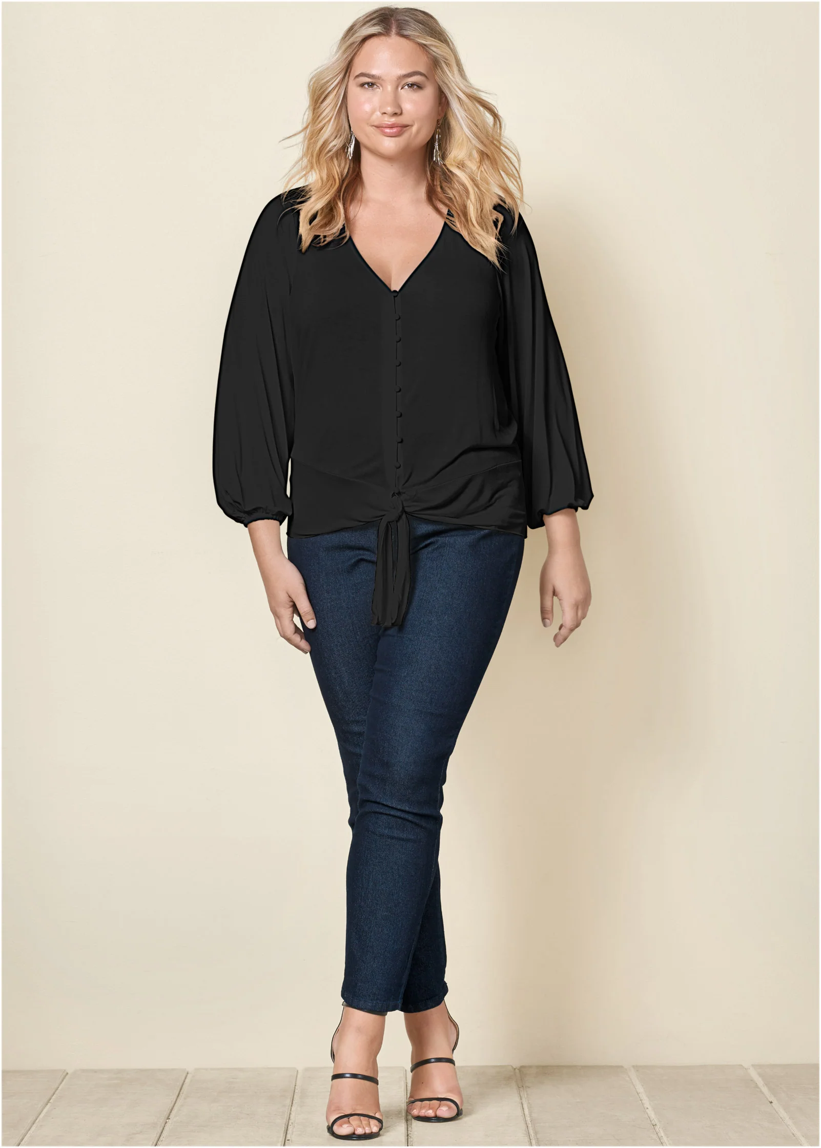 Tie-front button-up top - Black