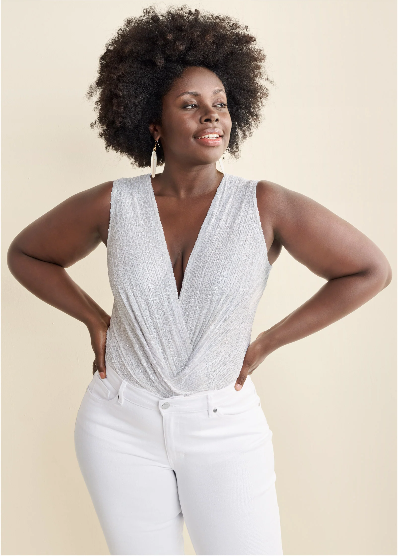 Sequin plunging bodysuit - White Sequin