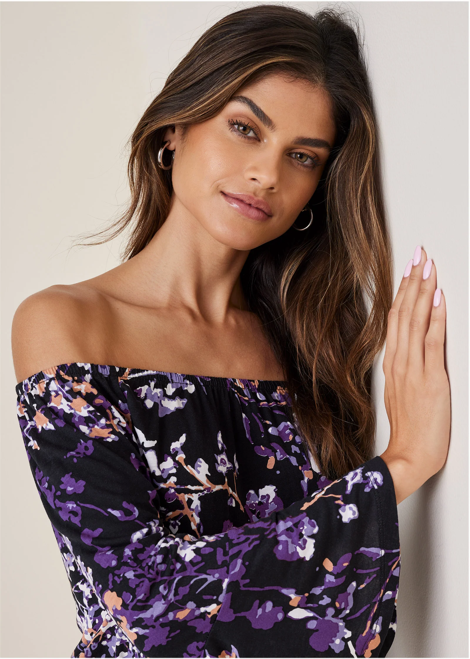 Bell sleeve printed top - Purple Multi