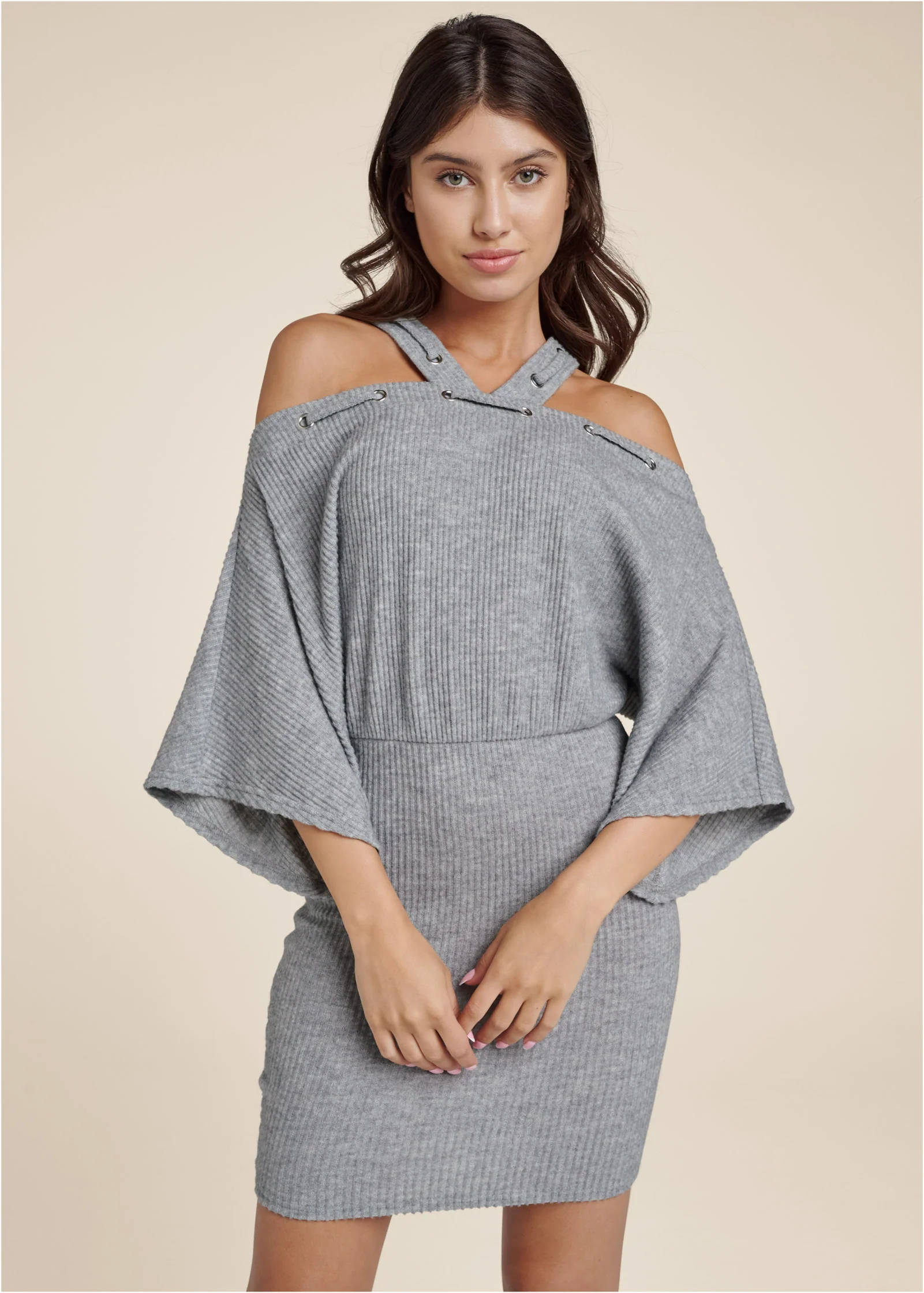 Cold-shoulder ribbed mini dress - Heather Grey