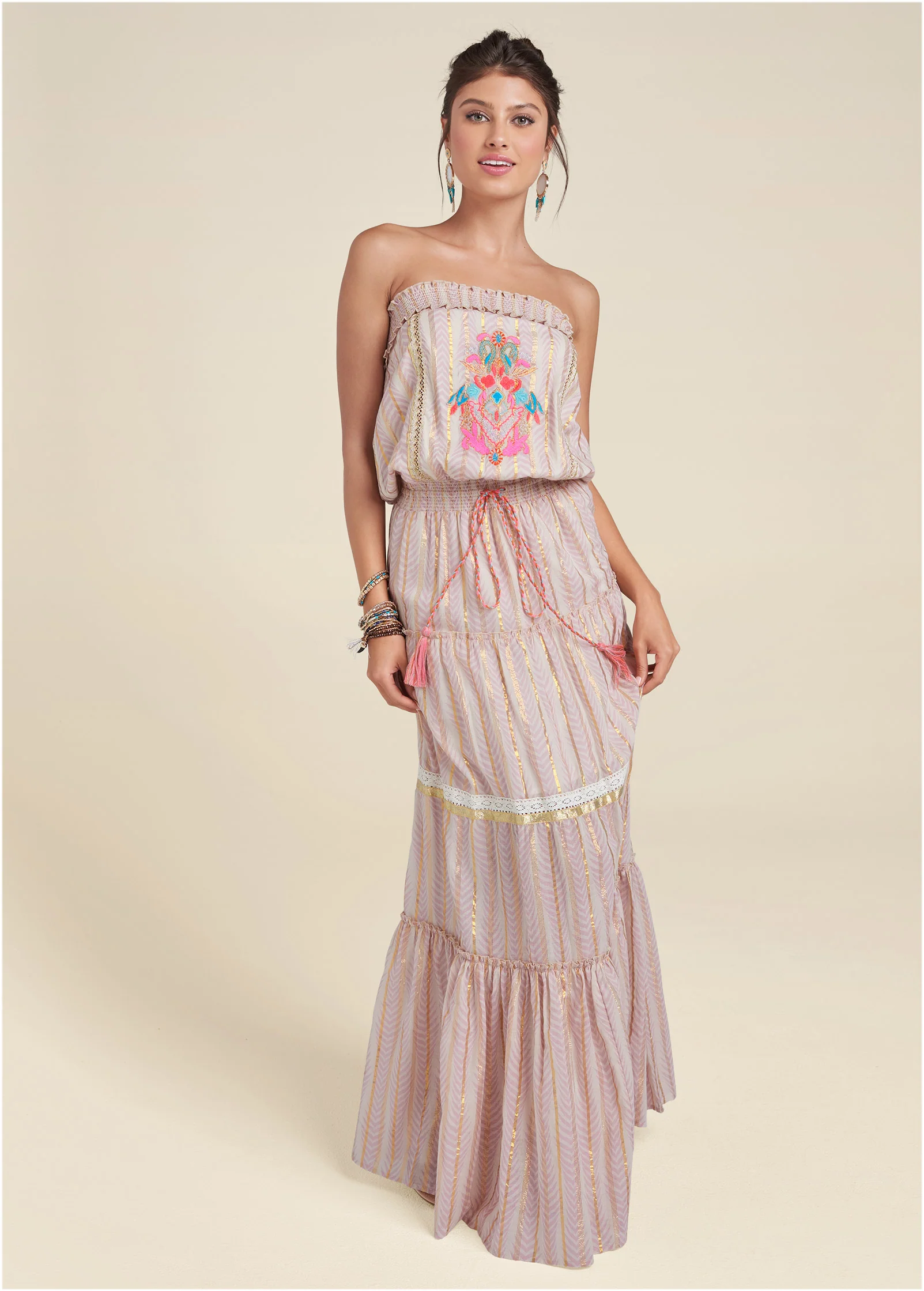 Strapless embroidered maxi dress - Pink Multi