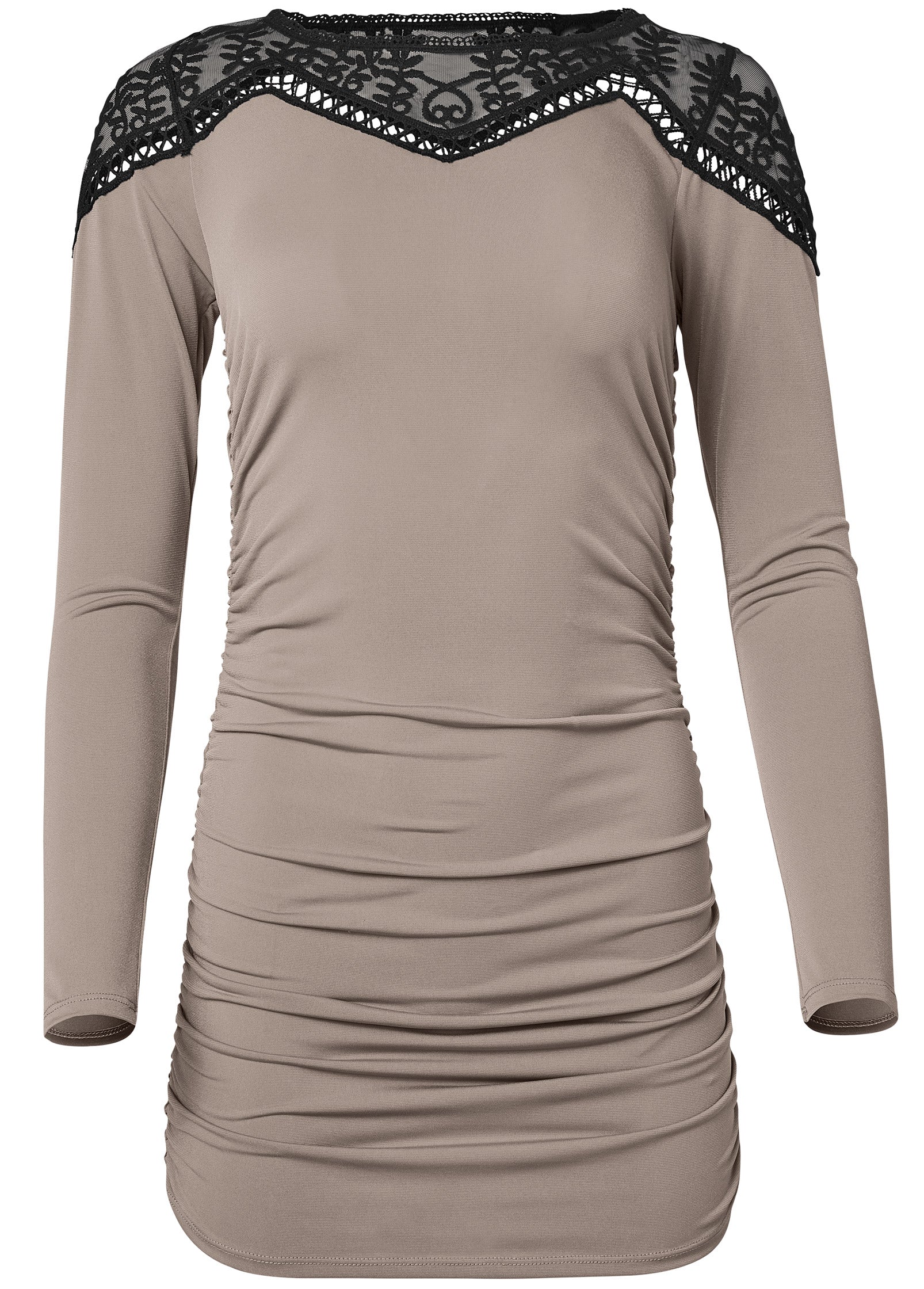 Lace neckline ruched top - Beige Multi