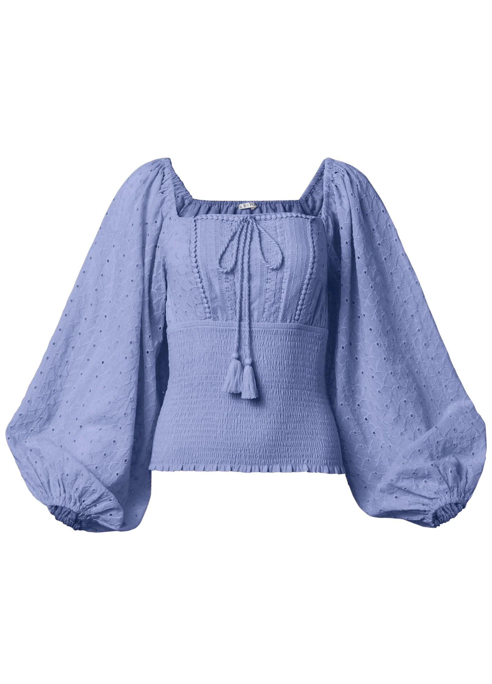 Smocked eyelet tassel top - Light Blue