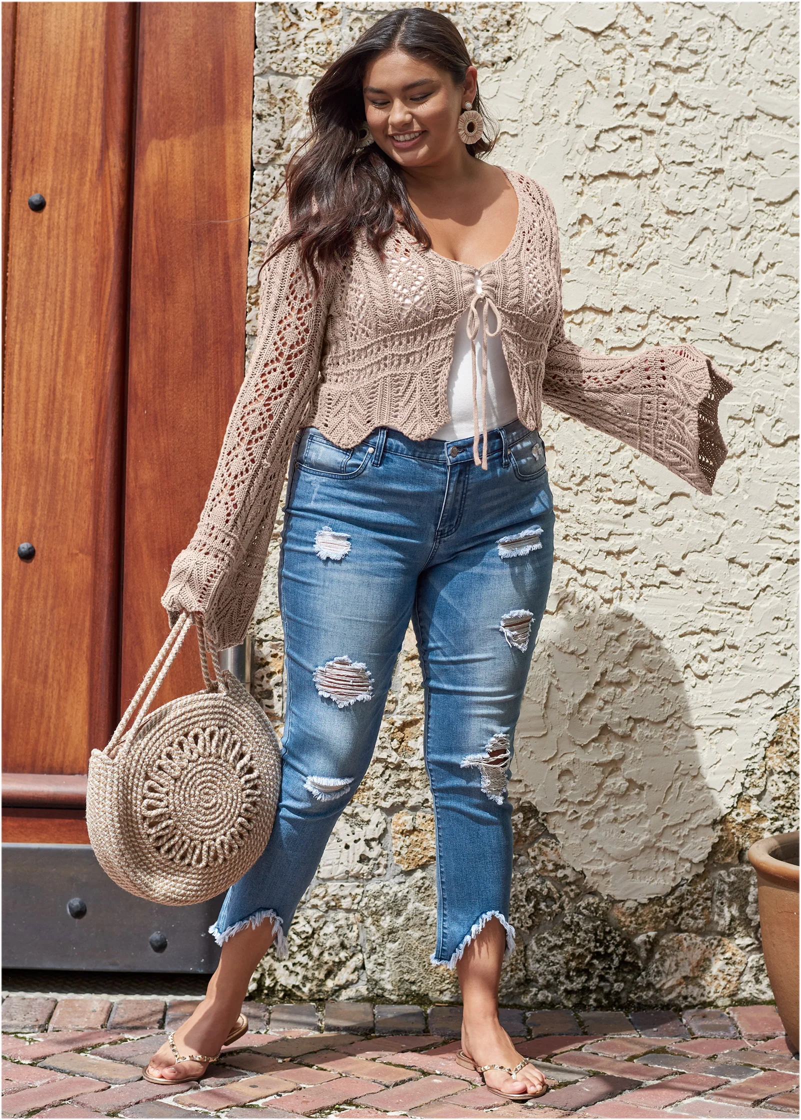 Tie front cropped crochet cardigan - Taupe