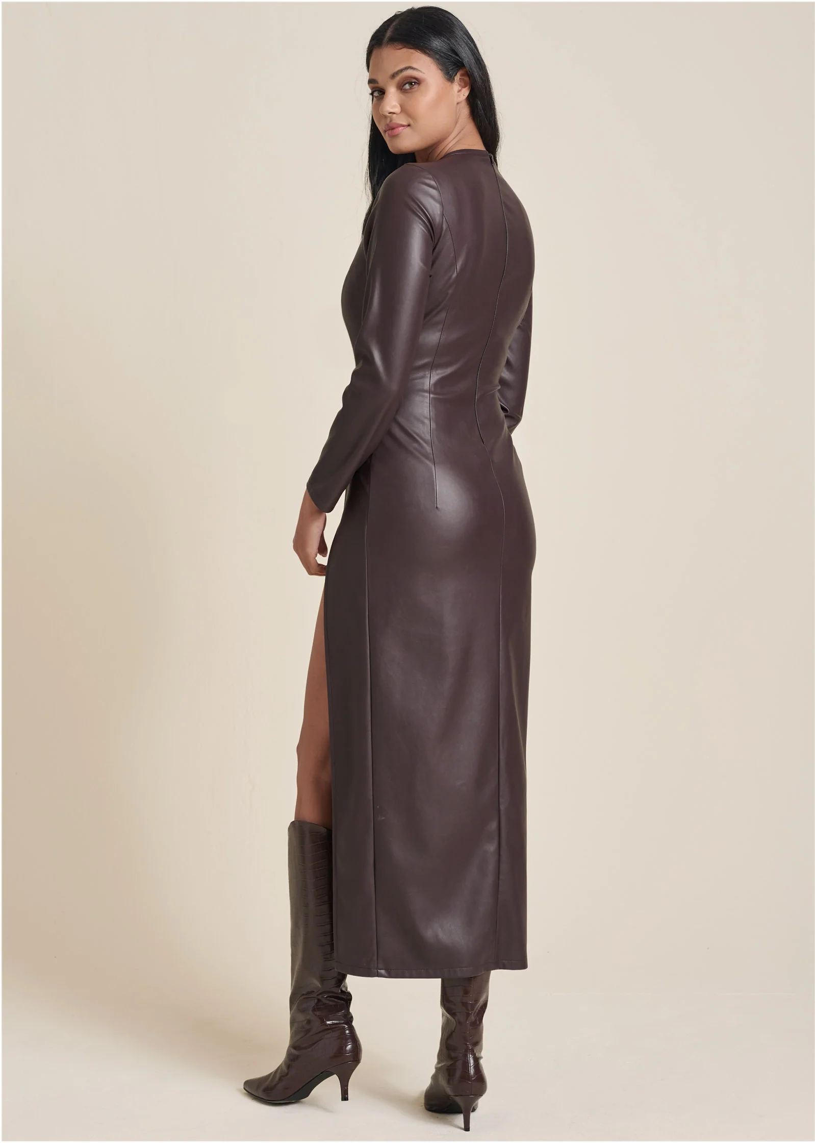 Faux leather column dress - Dark Brown