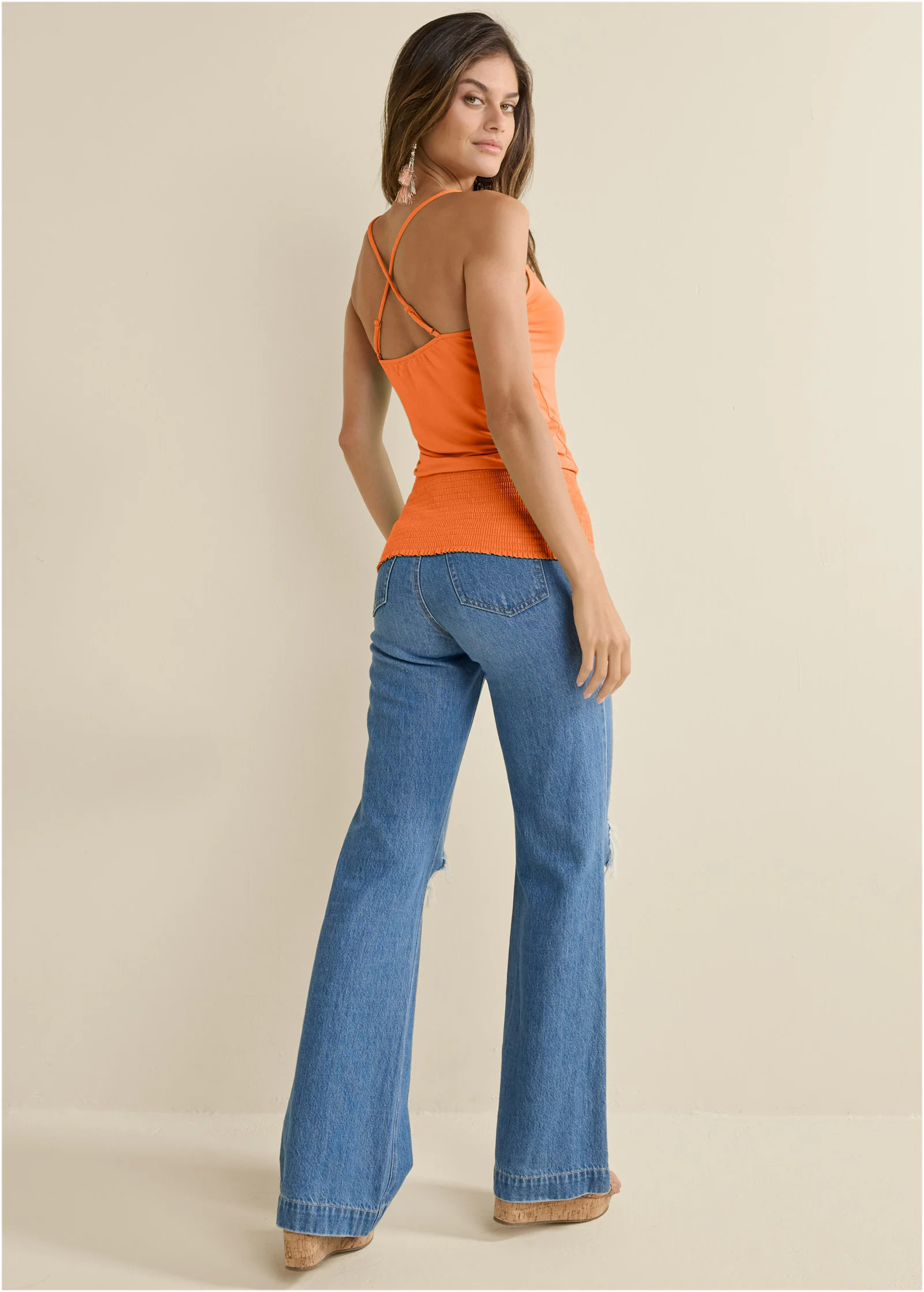 Smocked hem surplice top - Orange