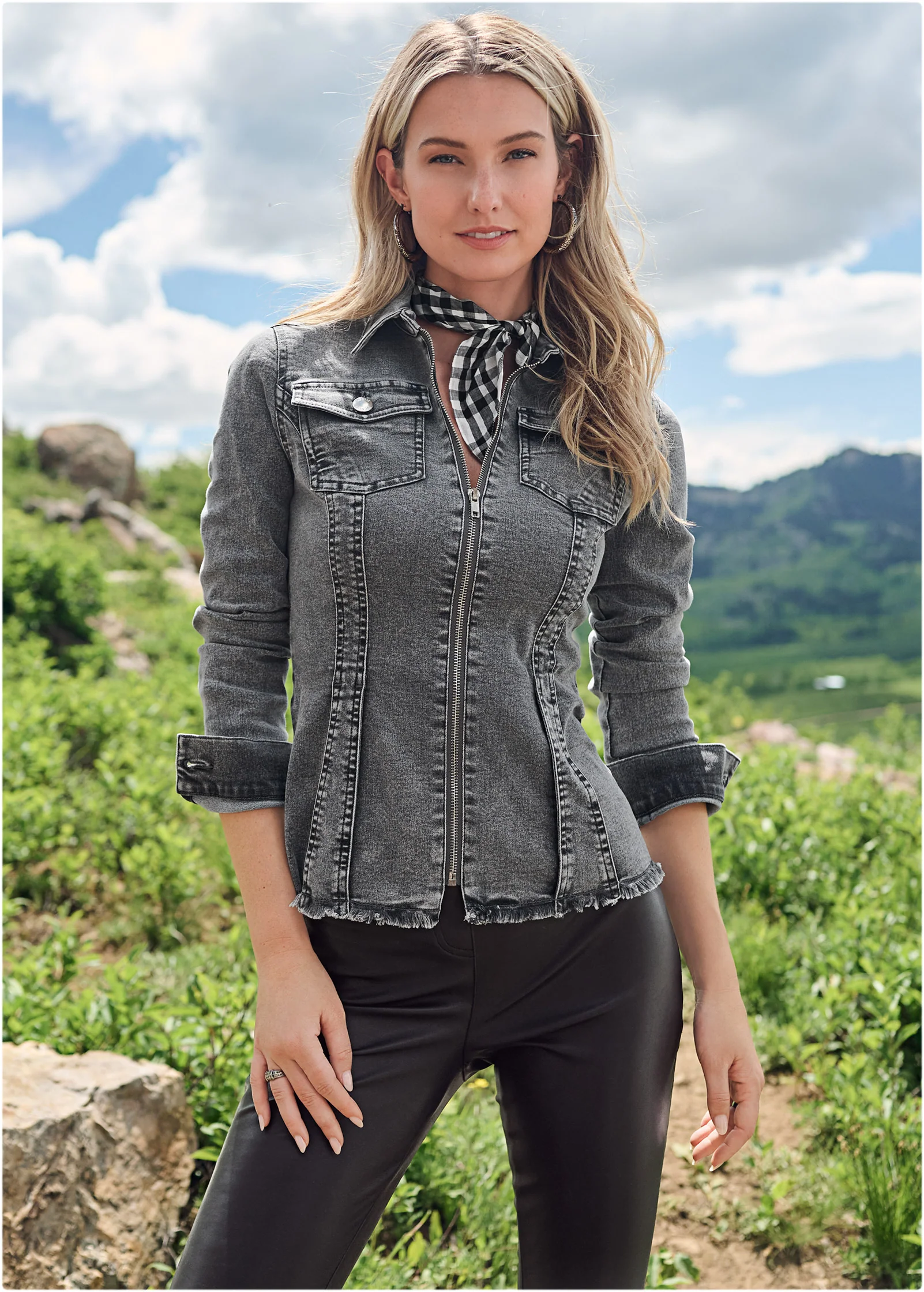 Lace-up back denim top - Grey Multi