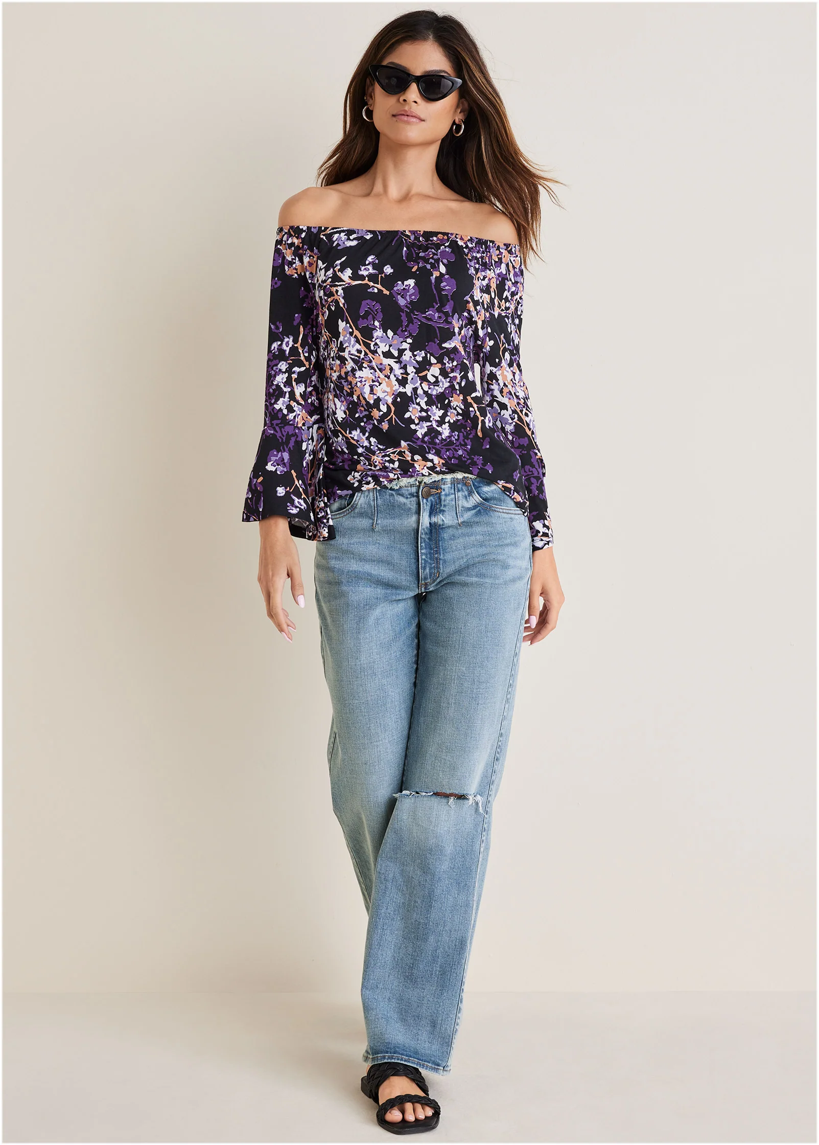 Bell sleeve printed top - Purple Multi
