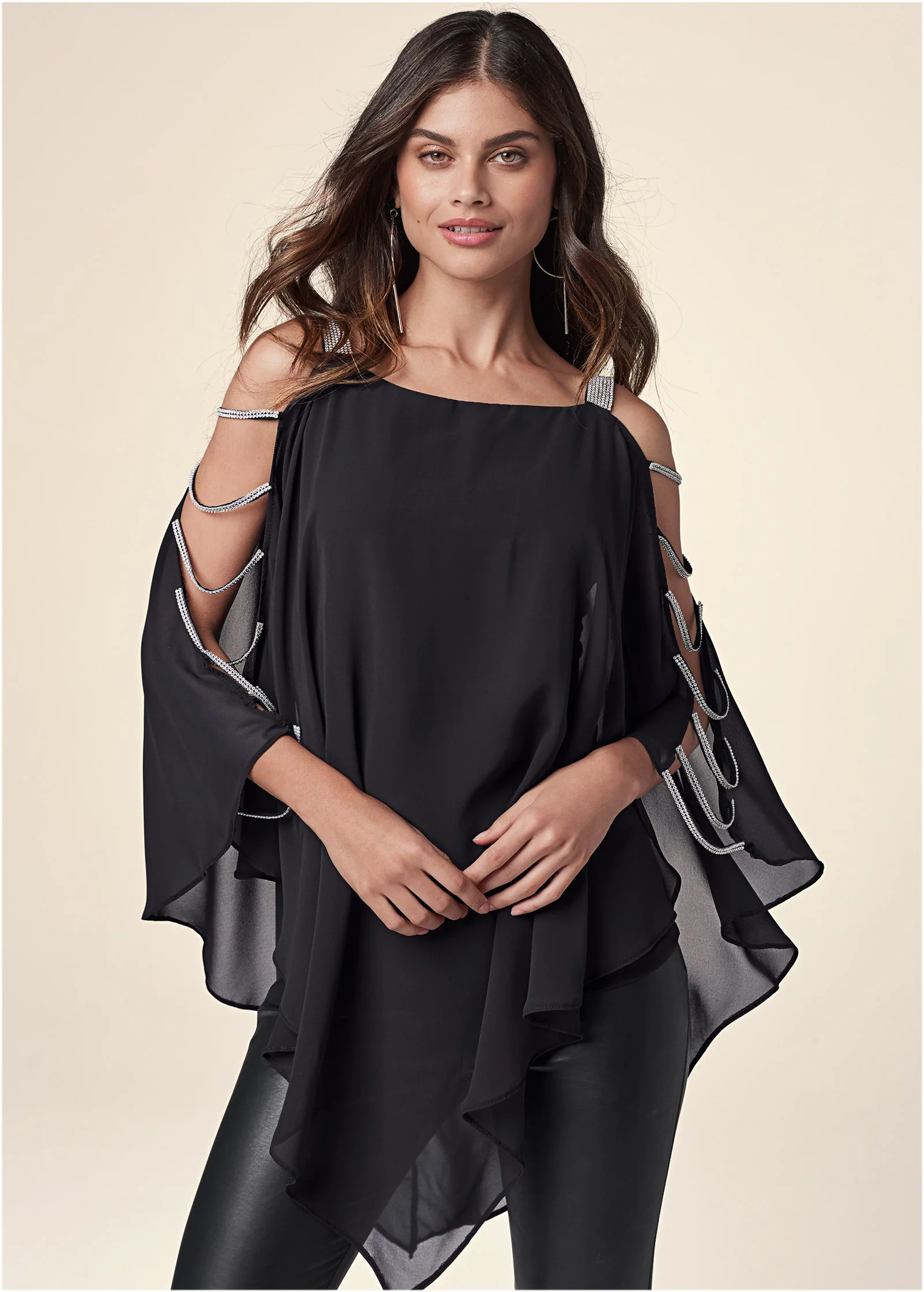 Rhinestone strap sleeve top - Black