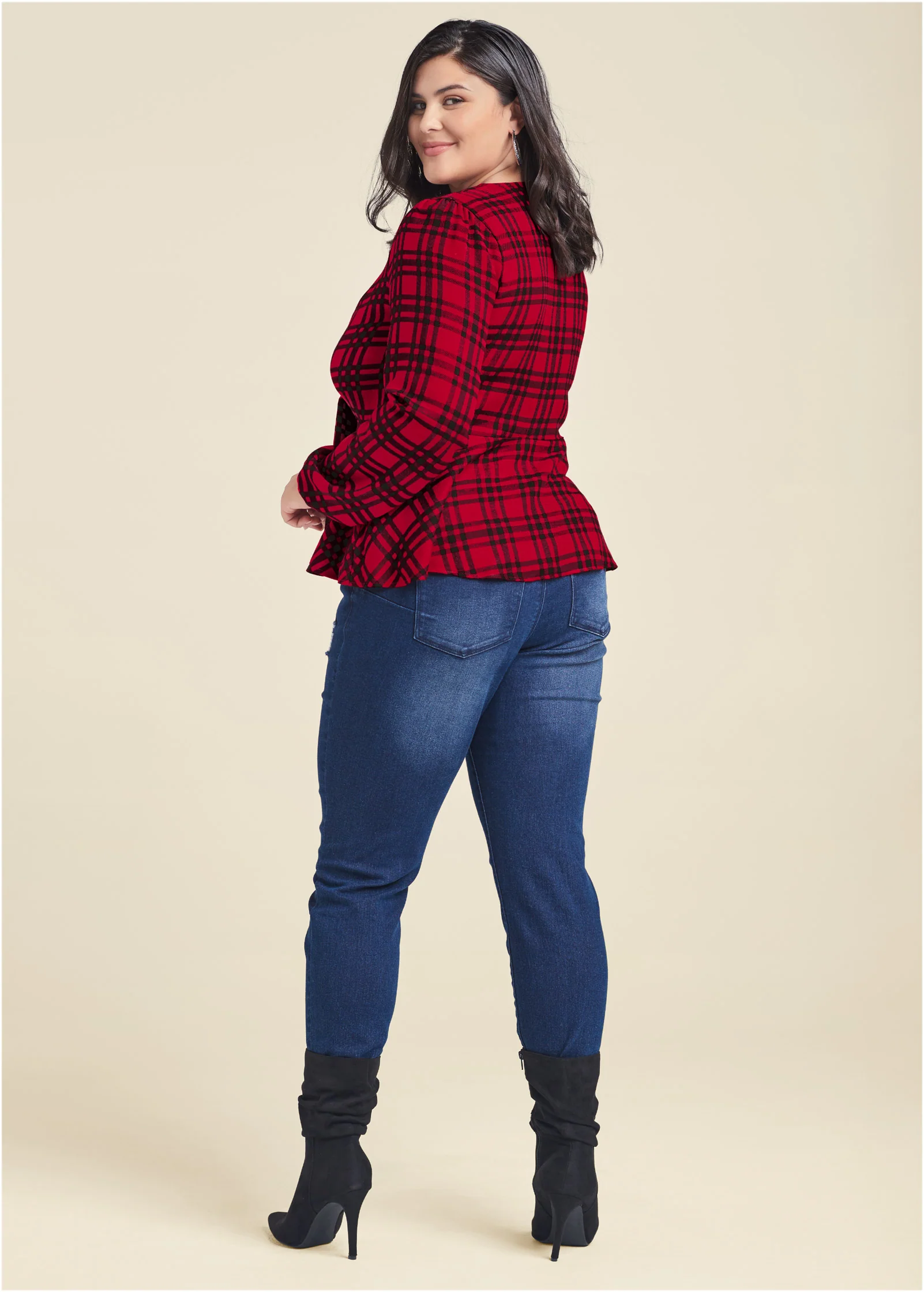 Plaid ring detail top - Red Multi