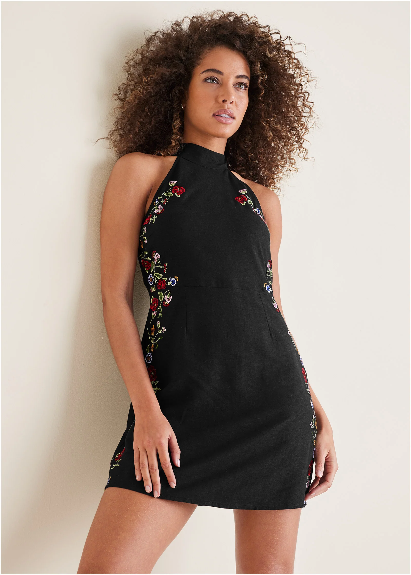 Cotton linen floral dress - Black