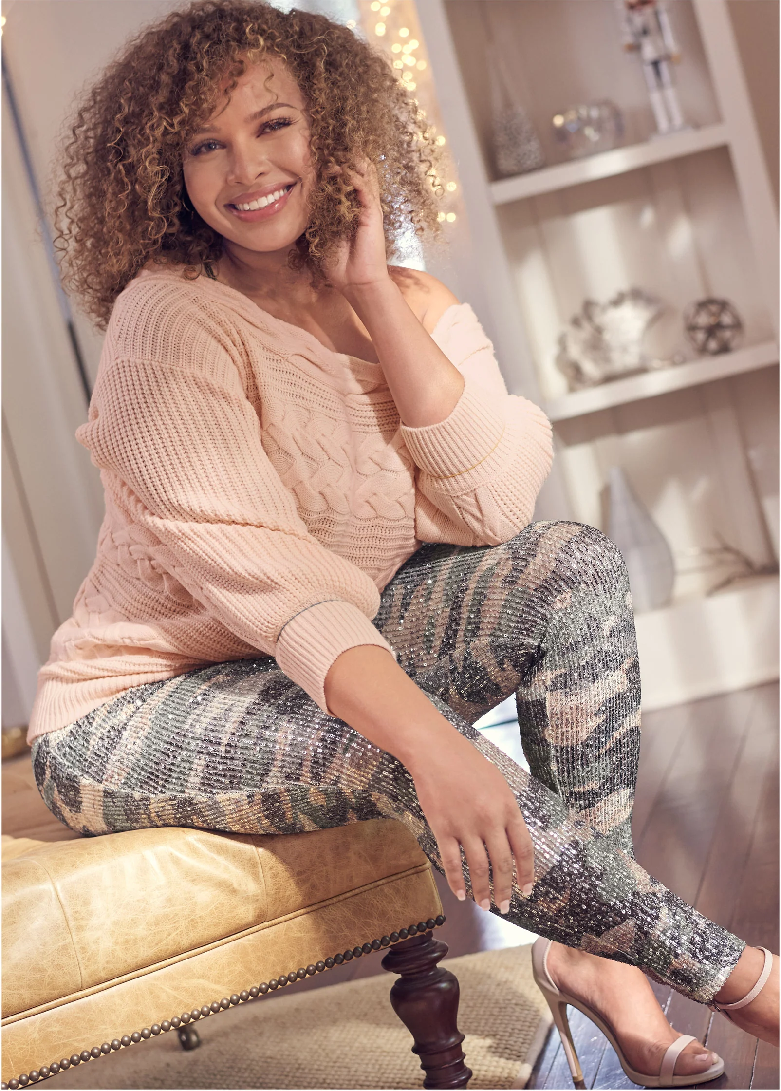 Boatneck cable knit sweater - Peach