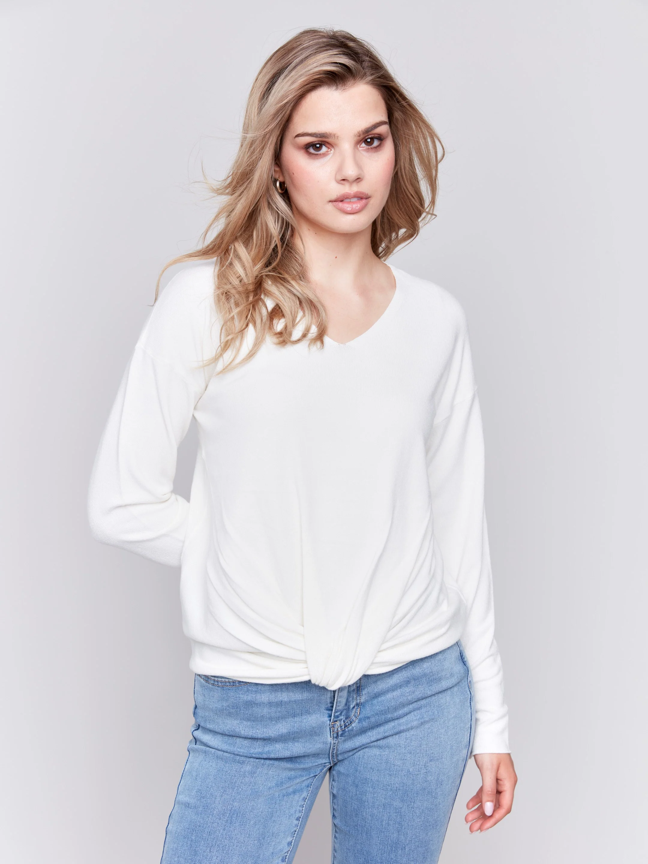 Sweater with Front Knot Detail - Ecru