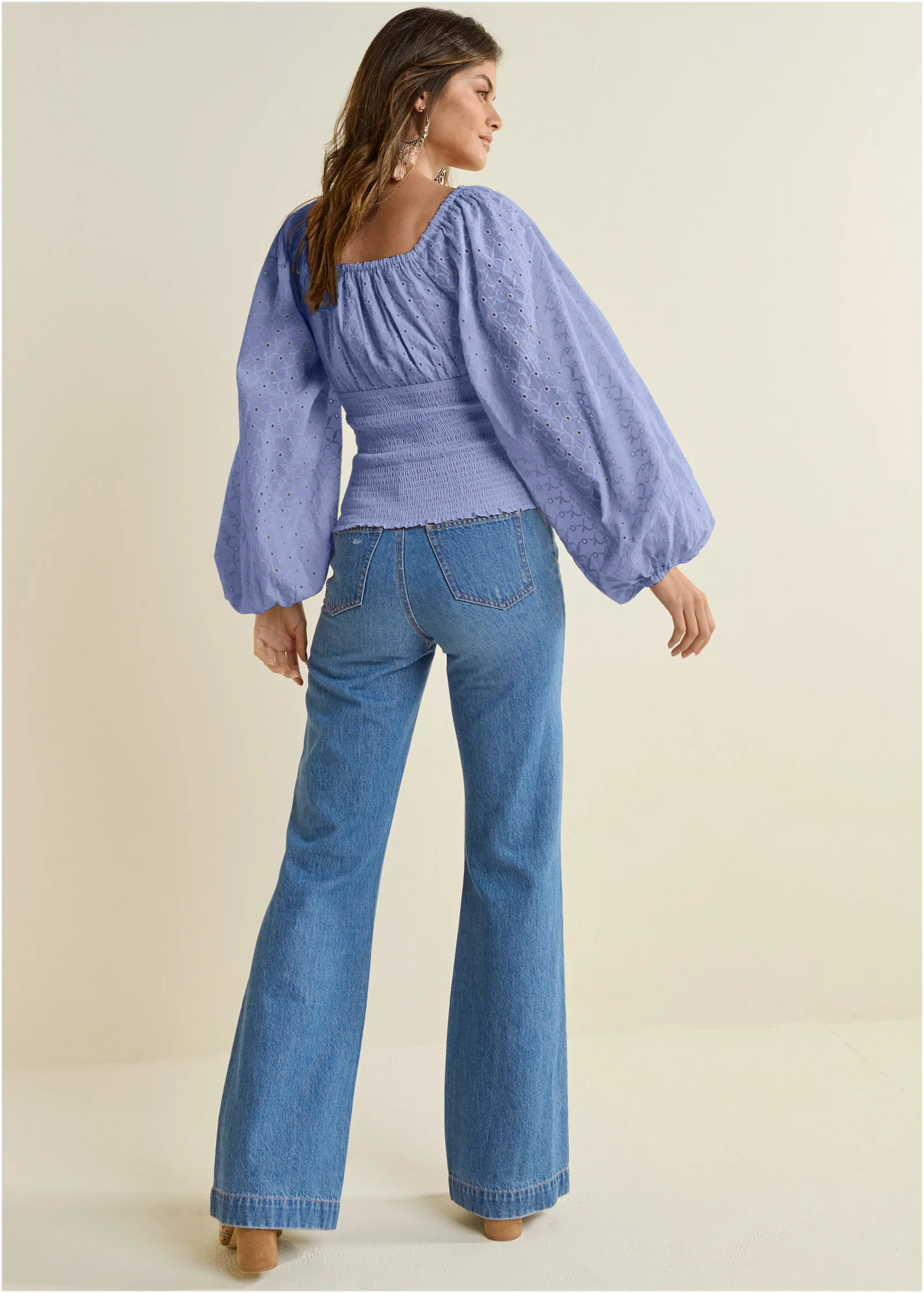 Smocked eyelet tassel top - Light Blue